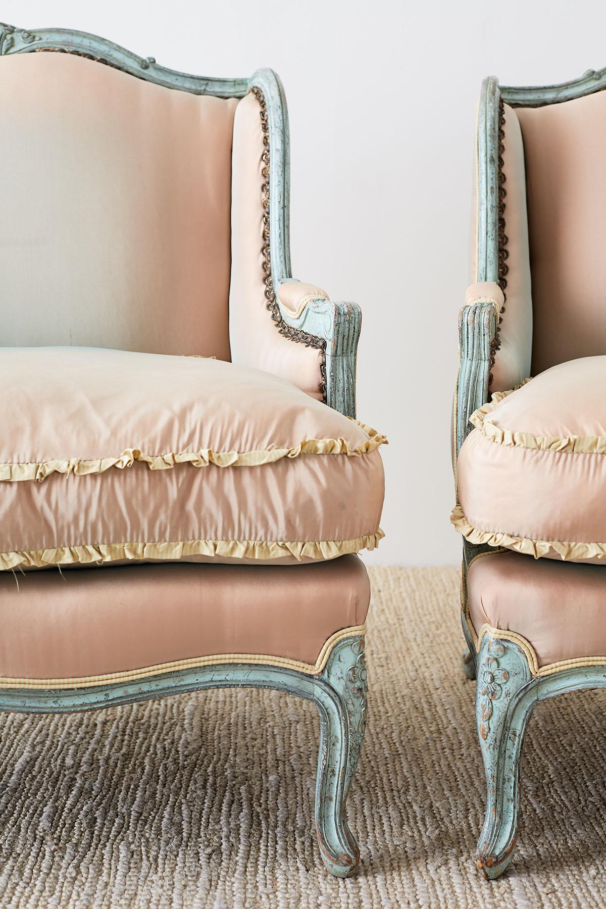 French Pair of Louis XV Style Marquise Winged Bergère Armchairs