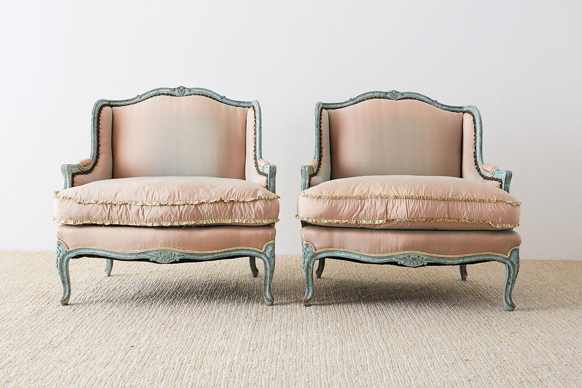 Fabric Pair of Louis XV Style Marquise Winged Bergère Armchairs