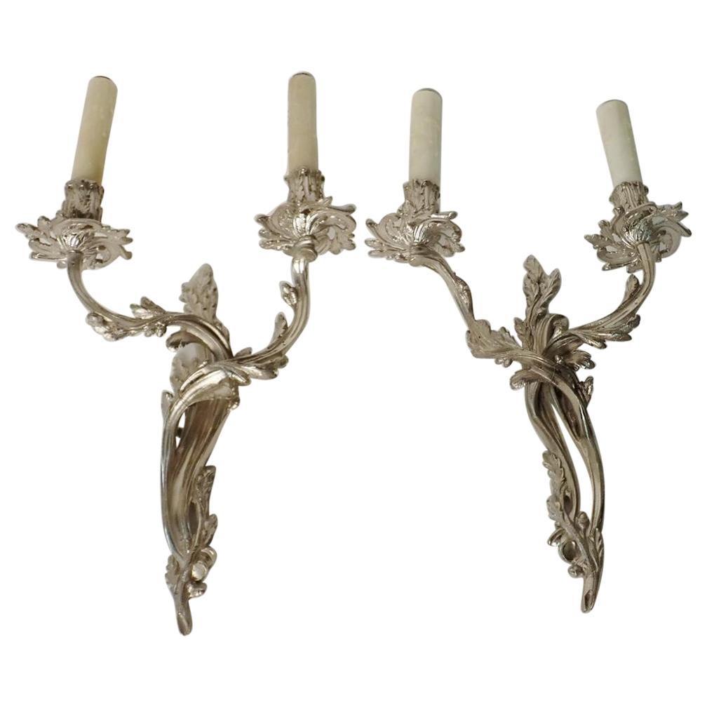 Pair of Louis XV Style Nickel over Bronze Sconces For Sale