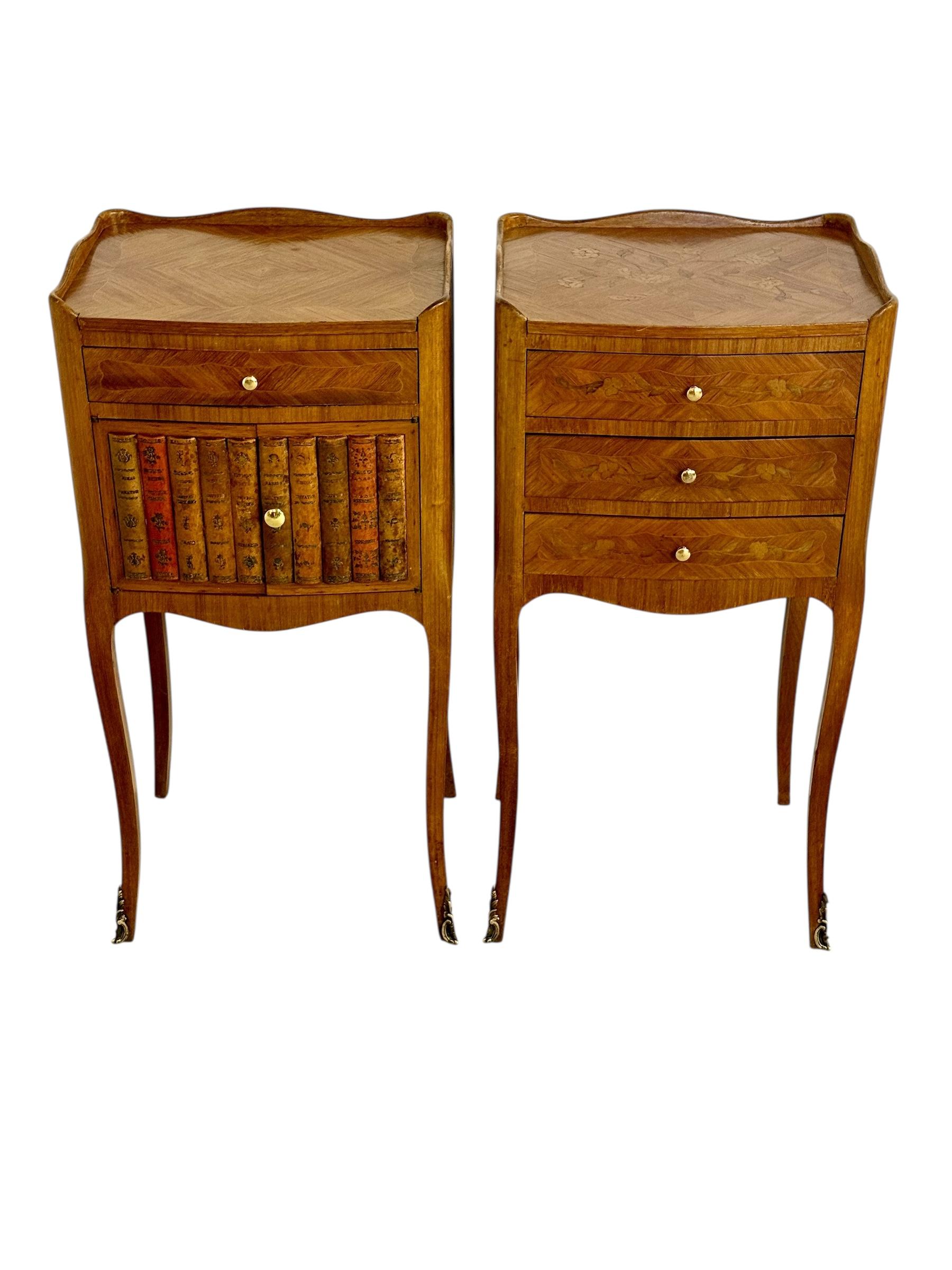 This exquisite pair of Louis XV style nightstands dates from the late 19th century, circa 1880. Crafted with remarkable attention to detail, these pieces feature elegant cabriole legs, floral marquetry tops, and a stunning book-matched veneer