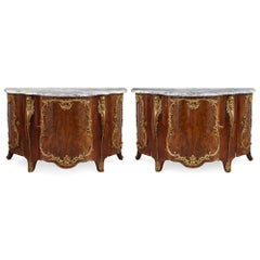 Pair of Louis XV Style Ormolu-Mounted Mahogany and Marble Commodes
