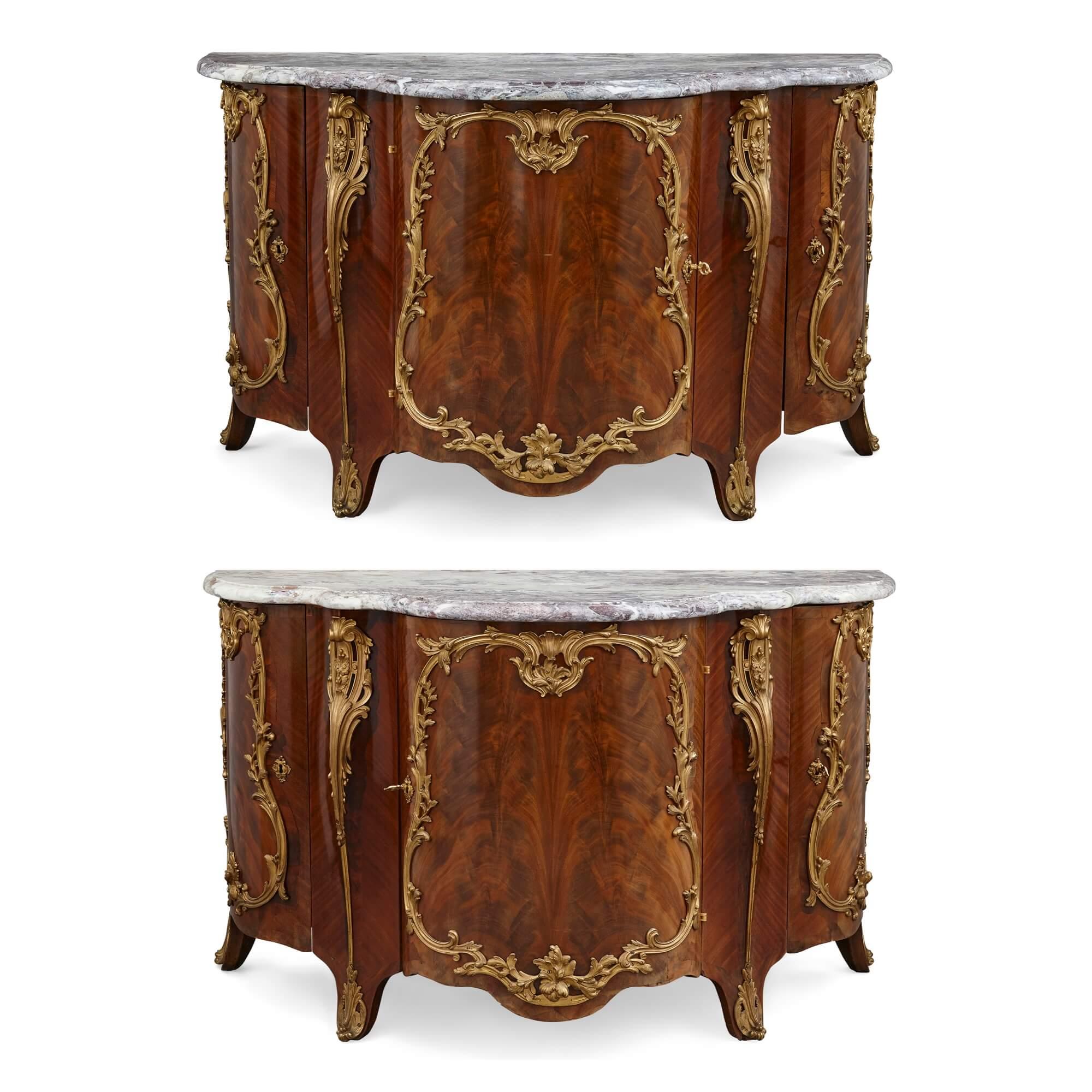 French Pair of Louis XV Style Ormolu-Mounted Mahogany and Marble Commodes For Sale