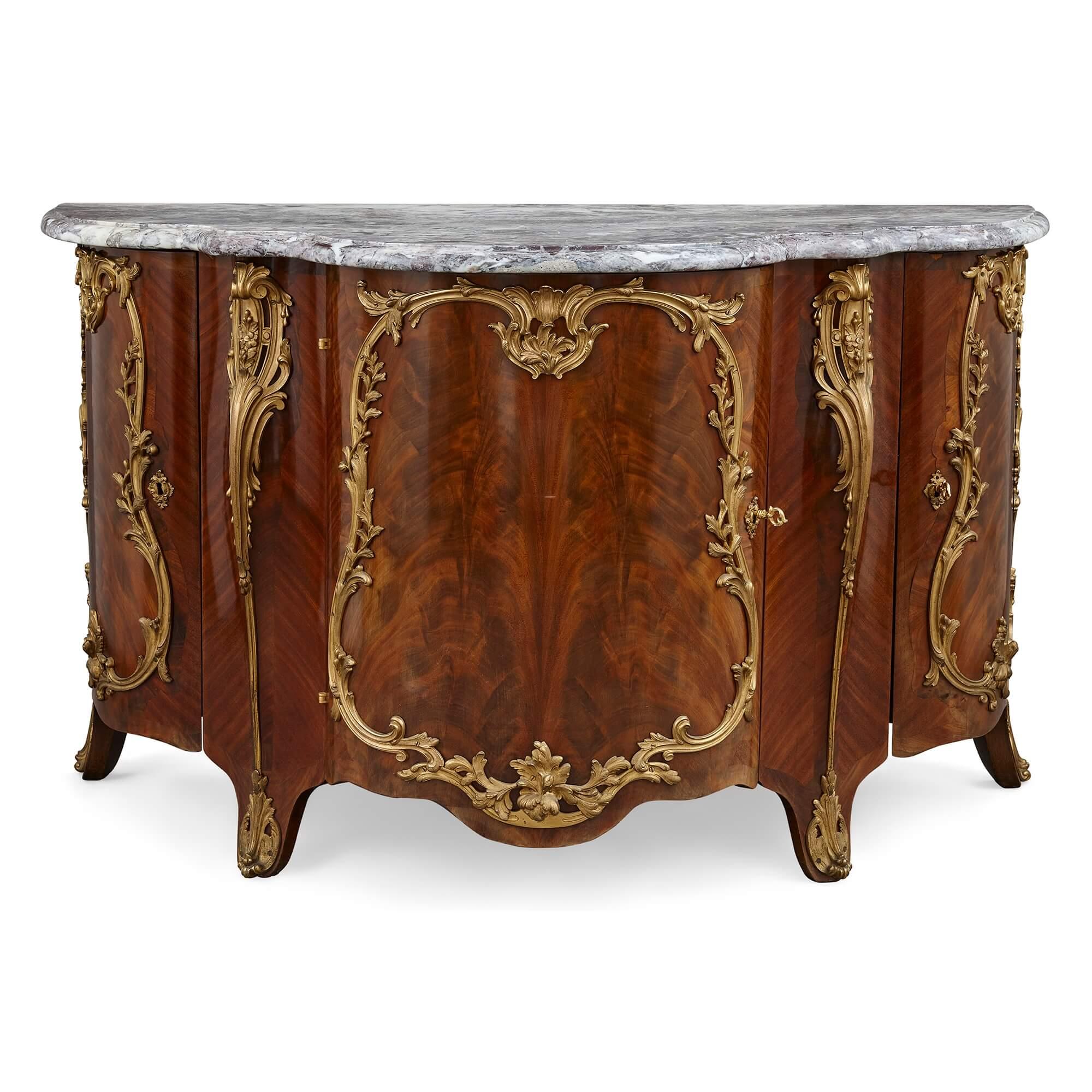 19th Century Pair of Louis XV Style Ormolu-Mounted Mahogany and Marble Commodes For Sale