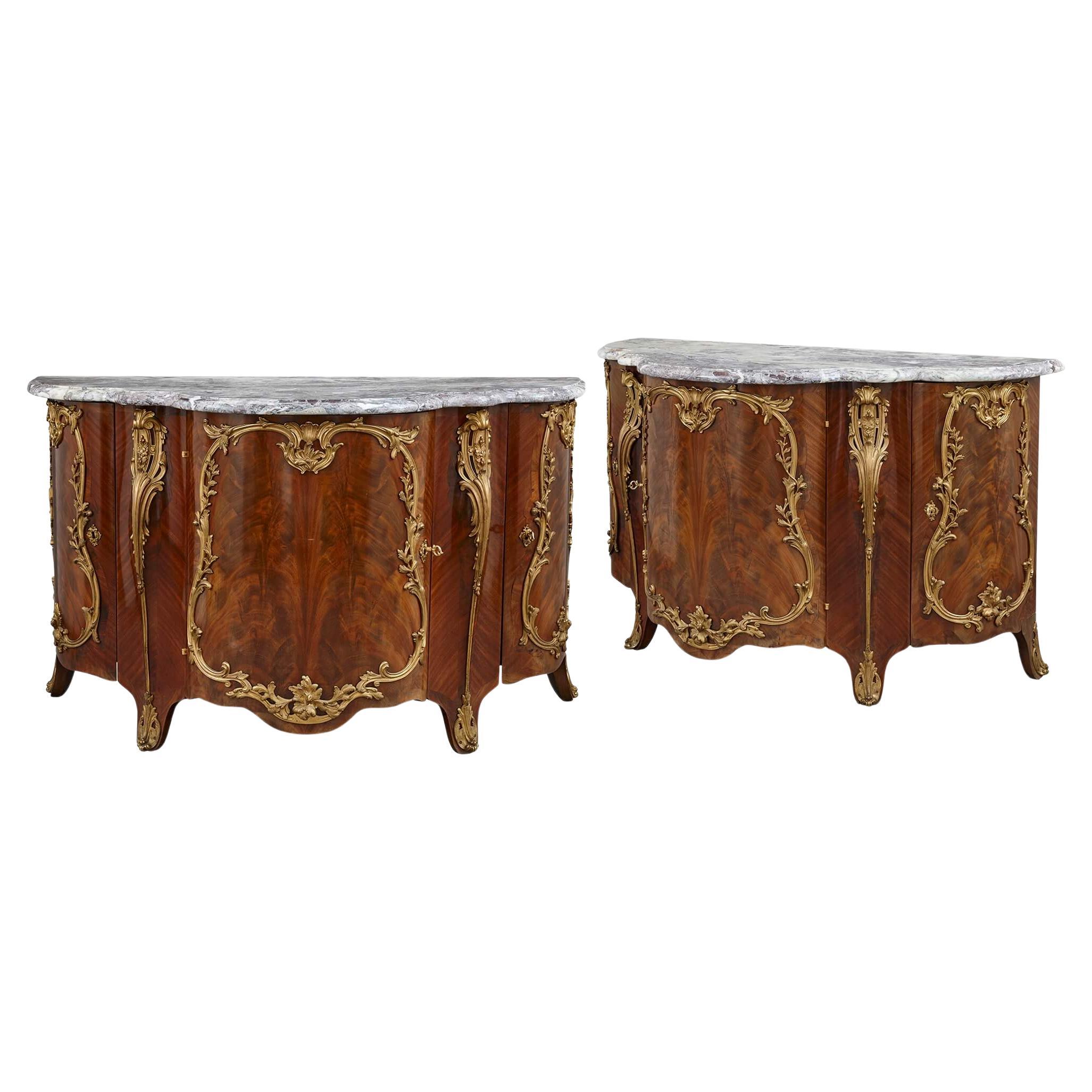 Pair of Louis XV Style Ormolu-Mounted Mahogany and Marble Commodes For Sale