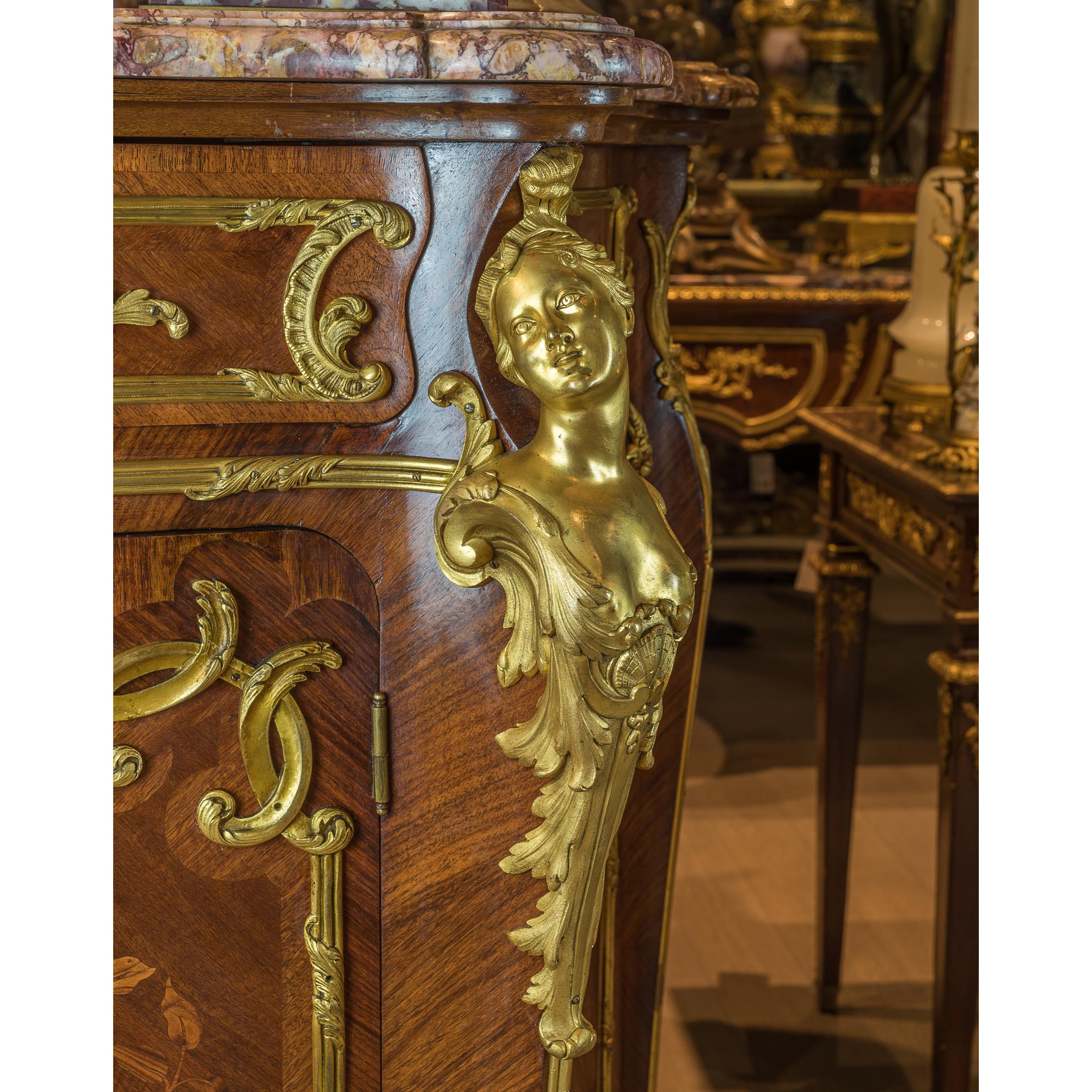 Pair of Louis XV-Style Ormolu-Mounted Marble-Top Credenza by Fontainebleau For Sale 3
