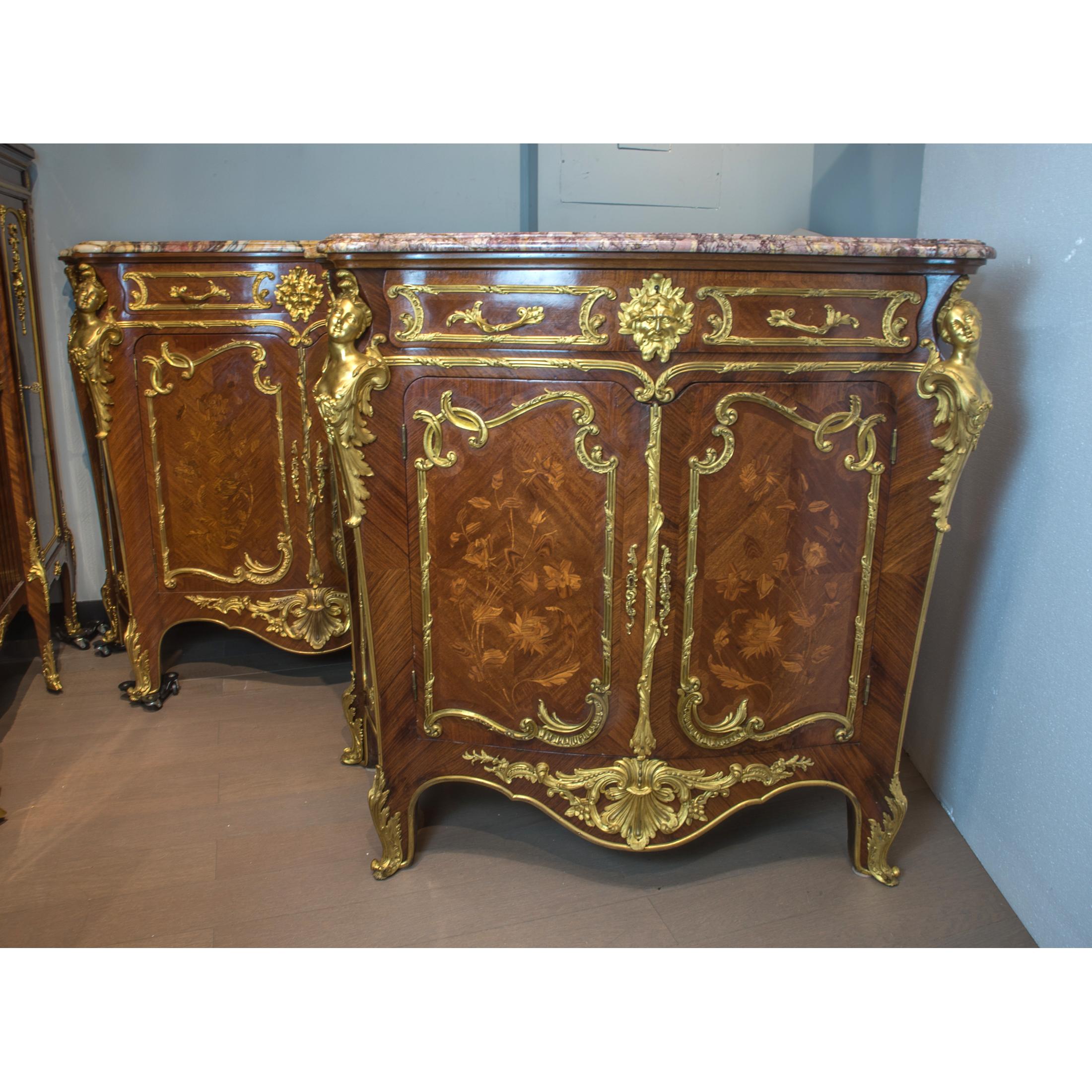Pair of Louis XV-Style Ormolu-Mounted Marble-Top Credenza by Fontainebleau For Sale 4