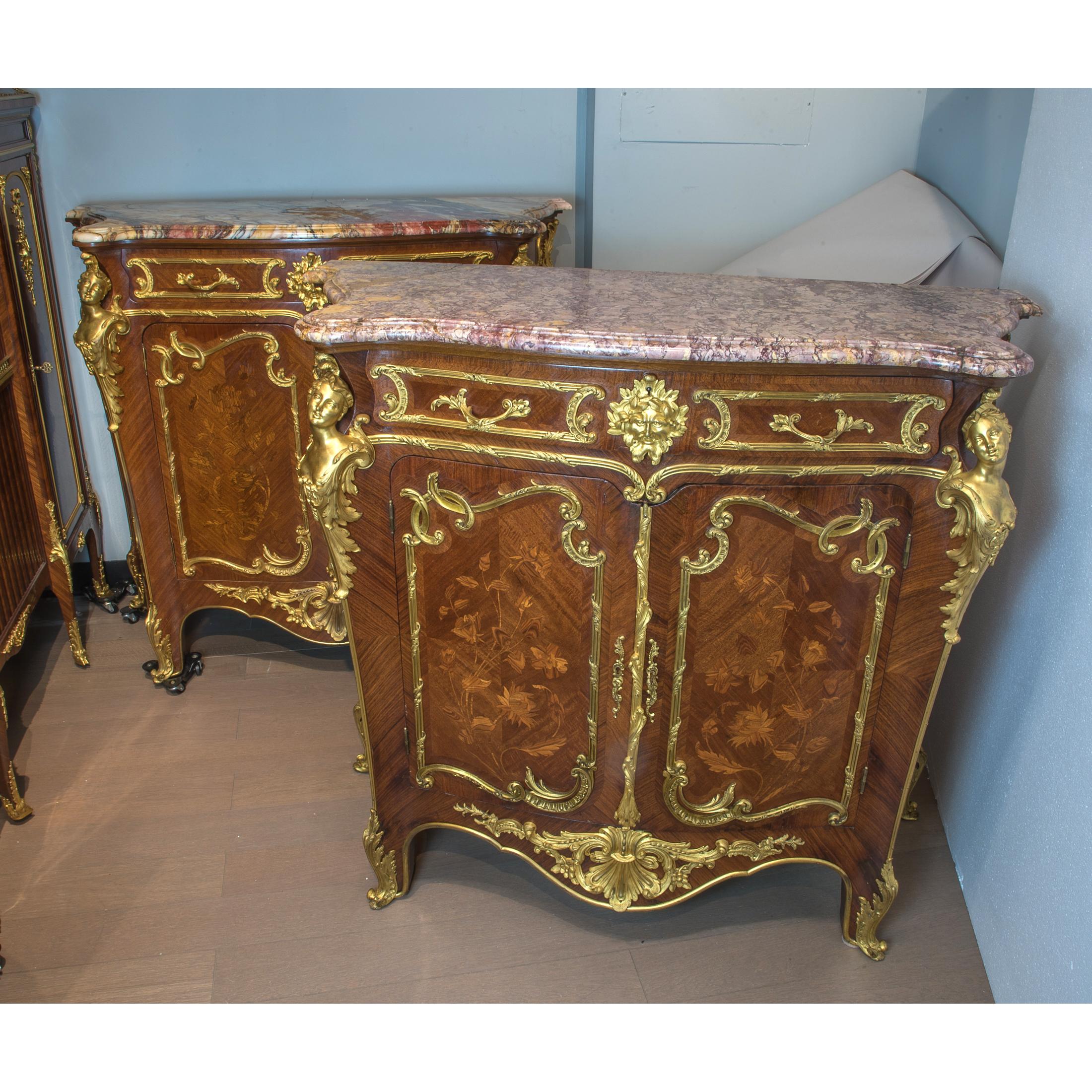 Pair of Louis XV-Style Ormolu-Mounted Marble-Top Credenza by Fontainebleau For Sale 5