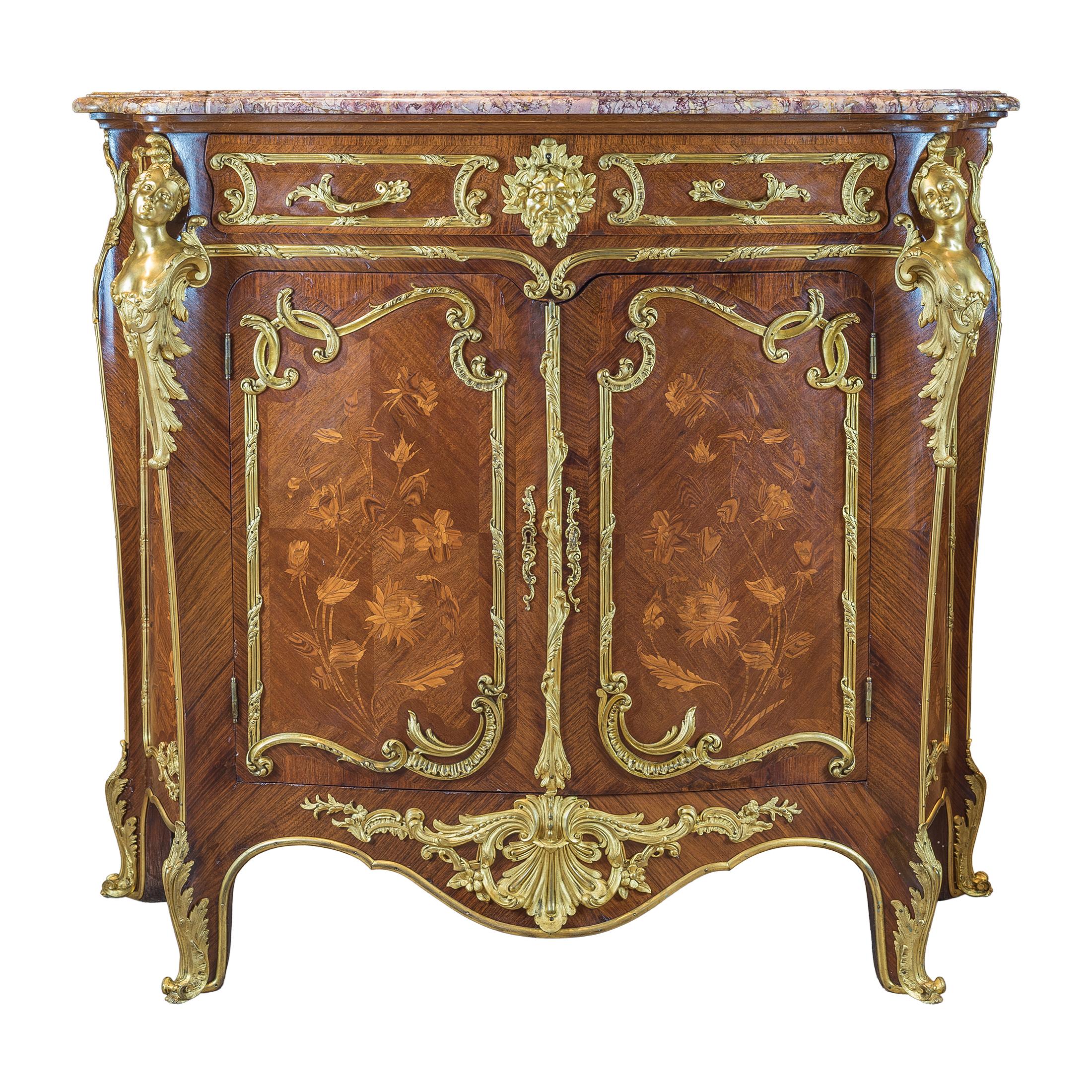 French Pair of Louis XV-Style Ormolu-Mounted Marble-Top Credenza by Fontainebleau For Sale