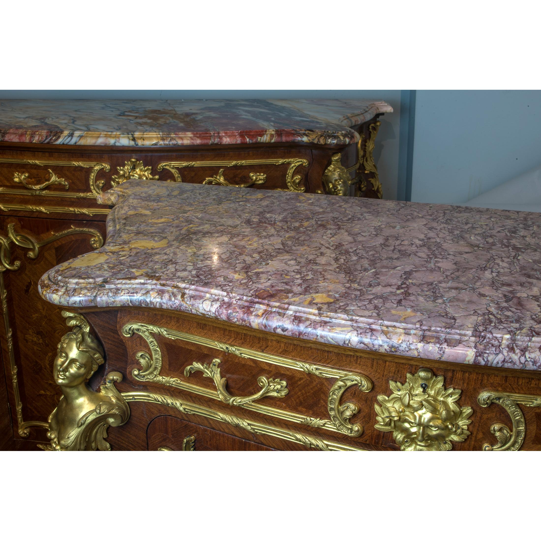 19th Century Pair of Louis XV-Style Ormolu-Mounted Marble-Top Credenza by Fontainebleau For Sale