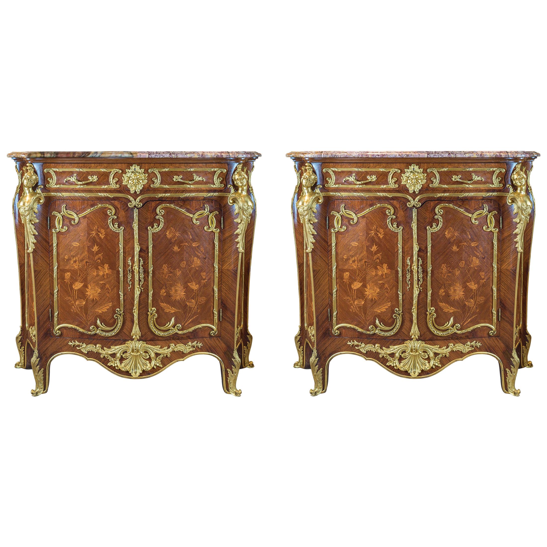 Pair of Louis XV-Style Ormolu-Mounted Marble-Top Credenza by Fontainebleau For Sale