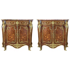 Antique Pair of Louis XV-Style Ormolu-Mounted Marble-Top Credenza by Fontainebleau