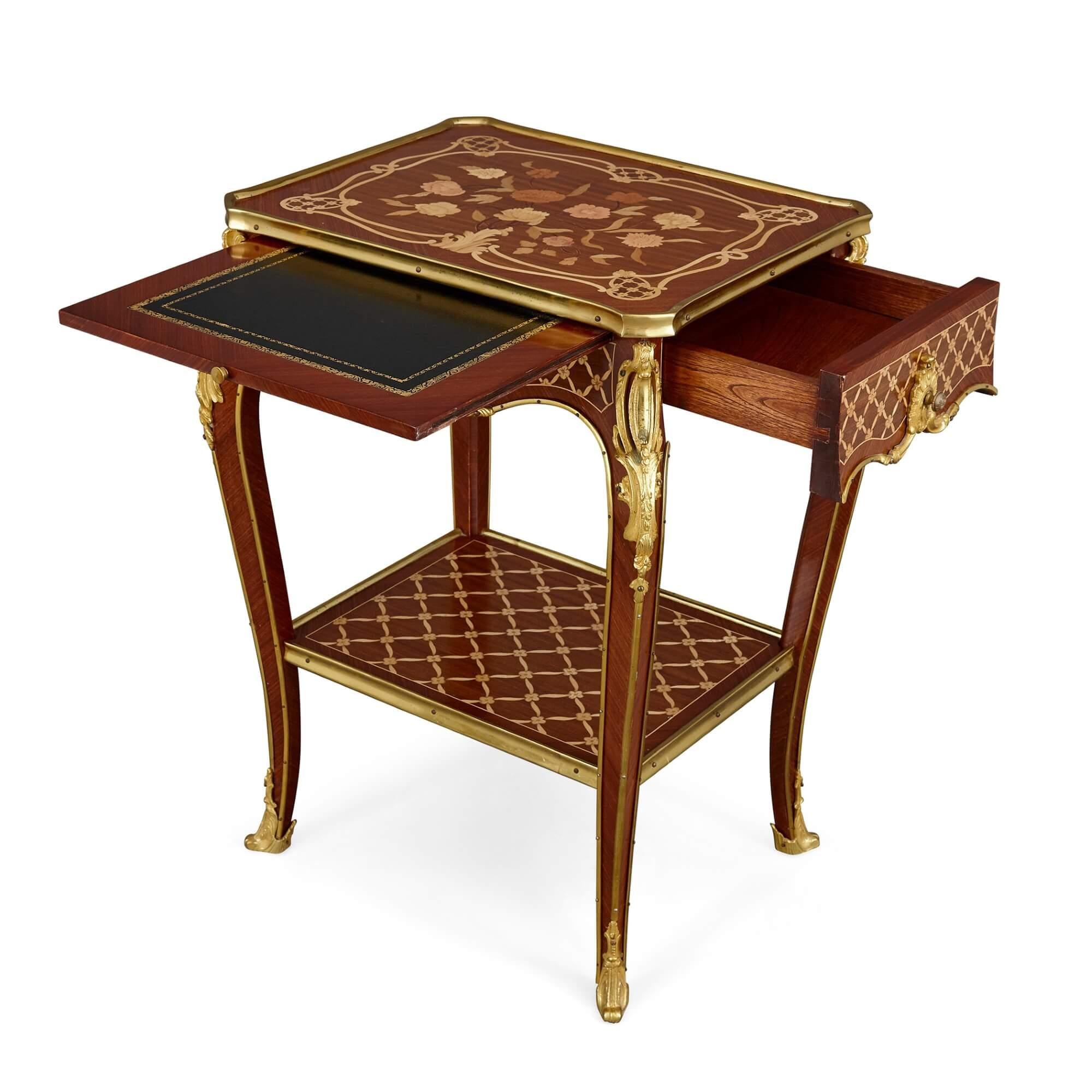 Pair of Louis XV Style Ormolu Mounted Marquetry and Parquetry Side Tables In Good Condition For Sale In London, GB