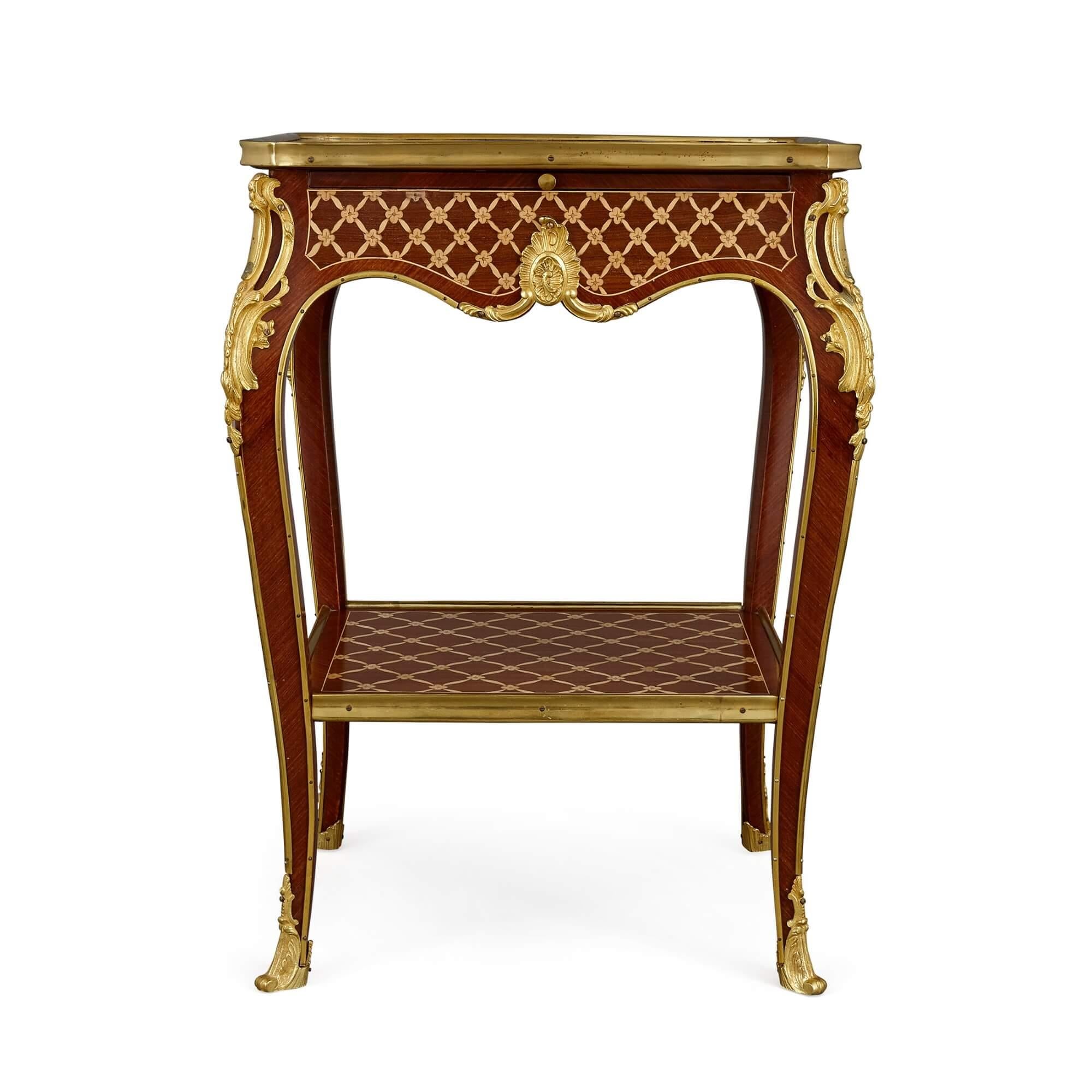 20th Century Pair of Louis XV Style Ormolu Mounted Marquetry and Parquetry Side Tables For Sale