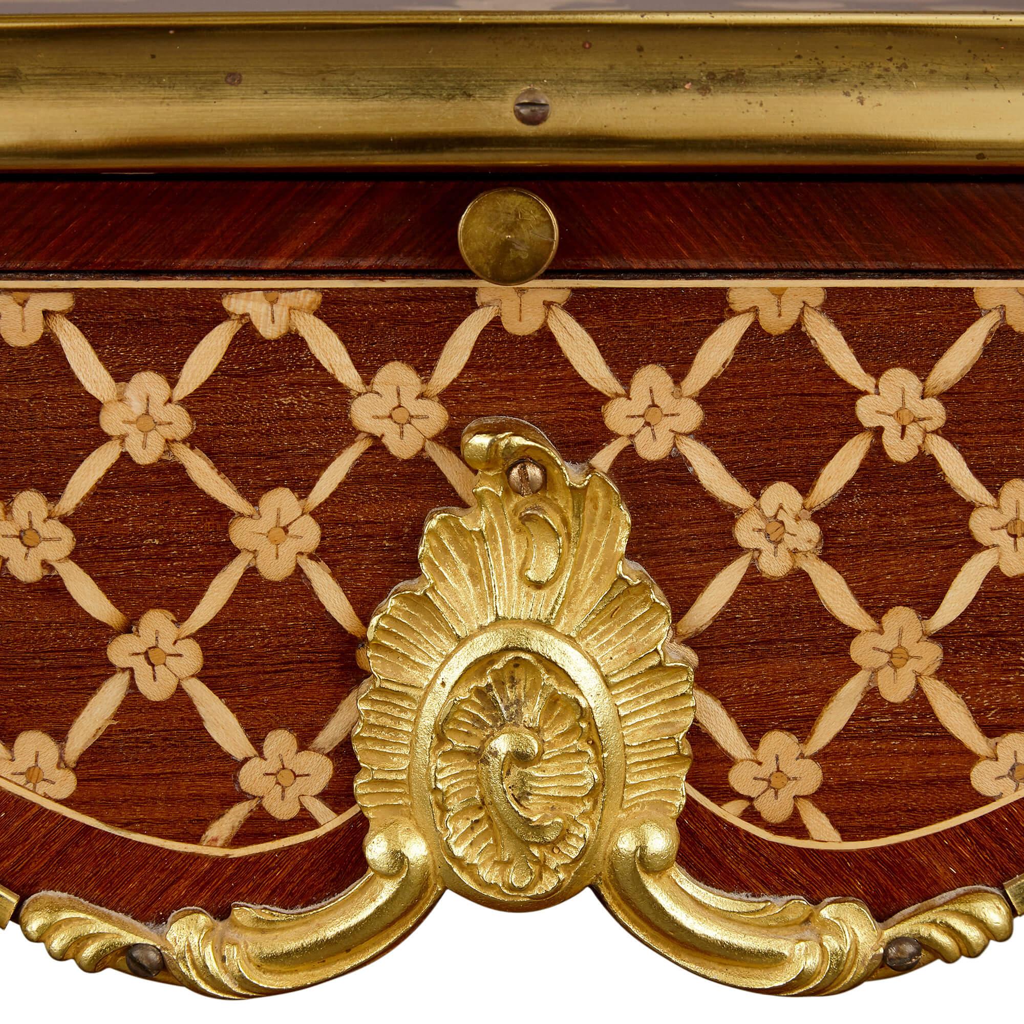 Leather Pair of Louis XV Style Ormolu Mounted Marquetry and Parquetry Side Tables For Sale