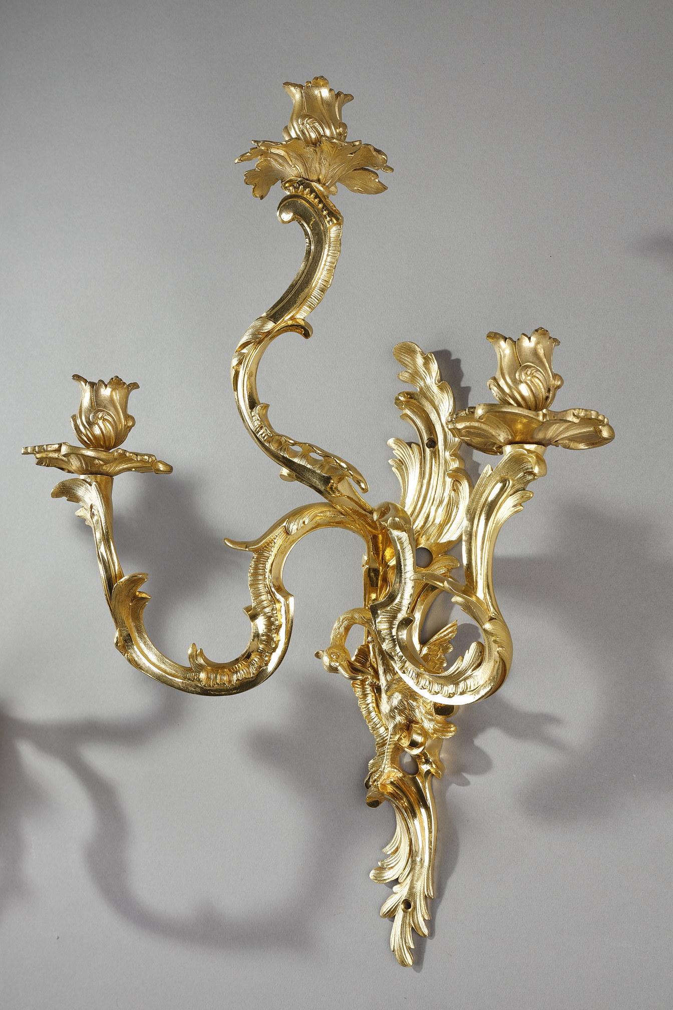 Pair of Louis XV style ormolu sconces  For Sale 4