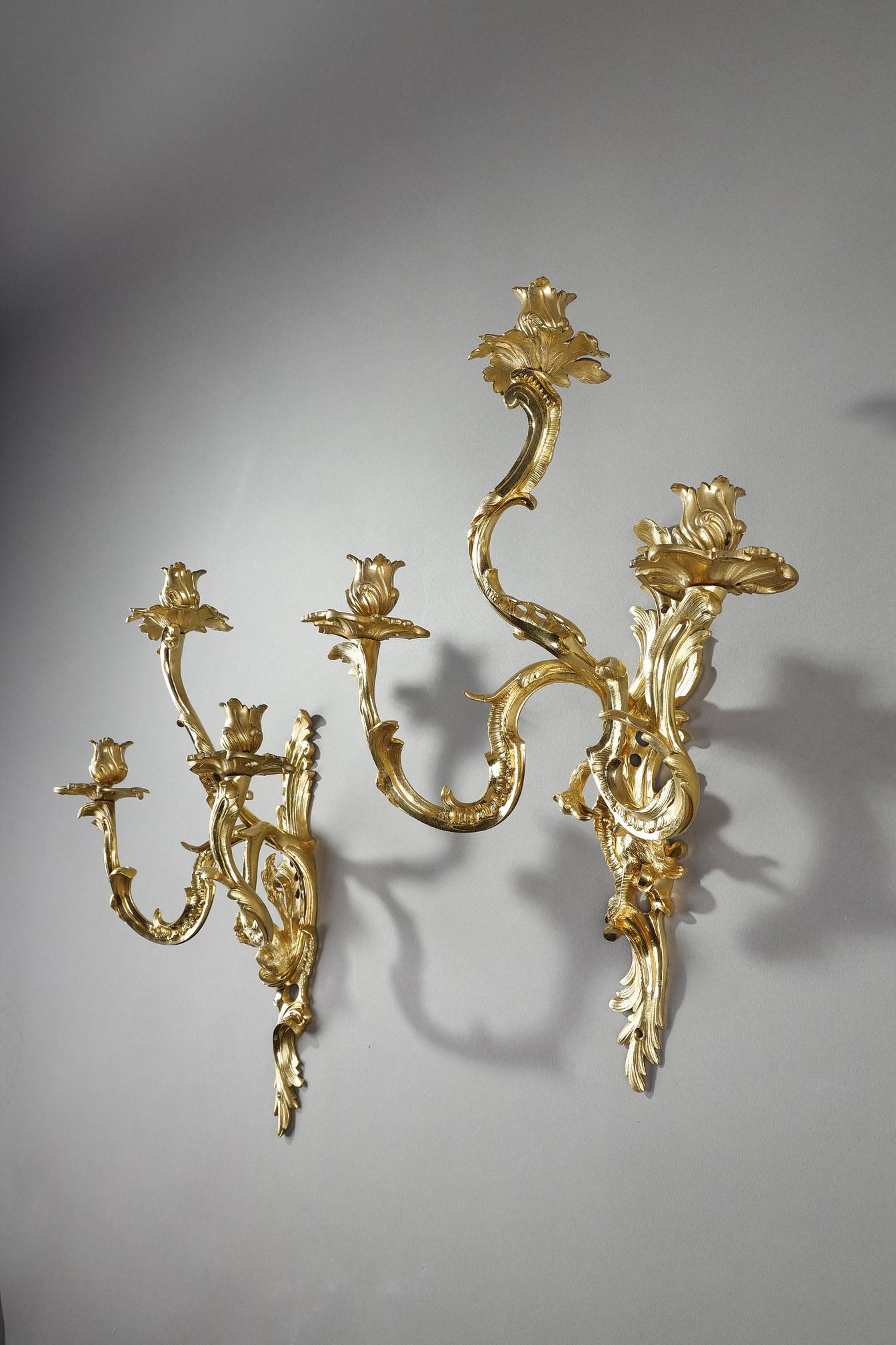 French Pair of Louis XV style ormolu sconces  For Sale