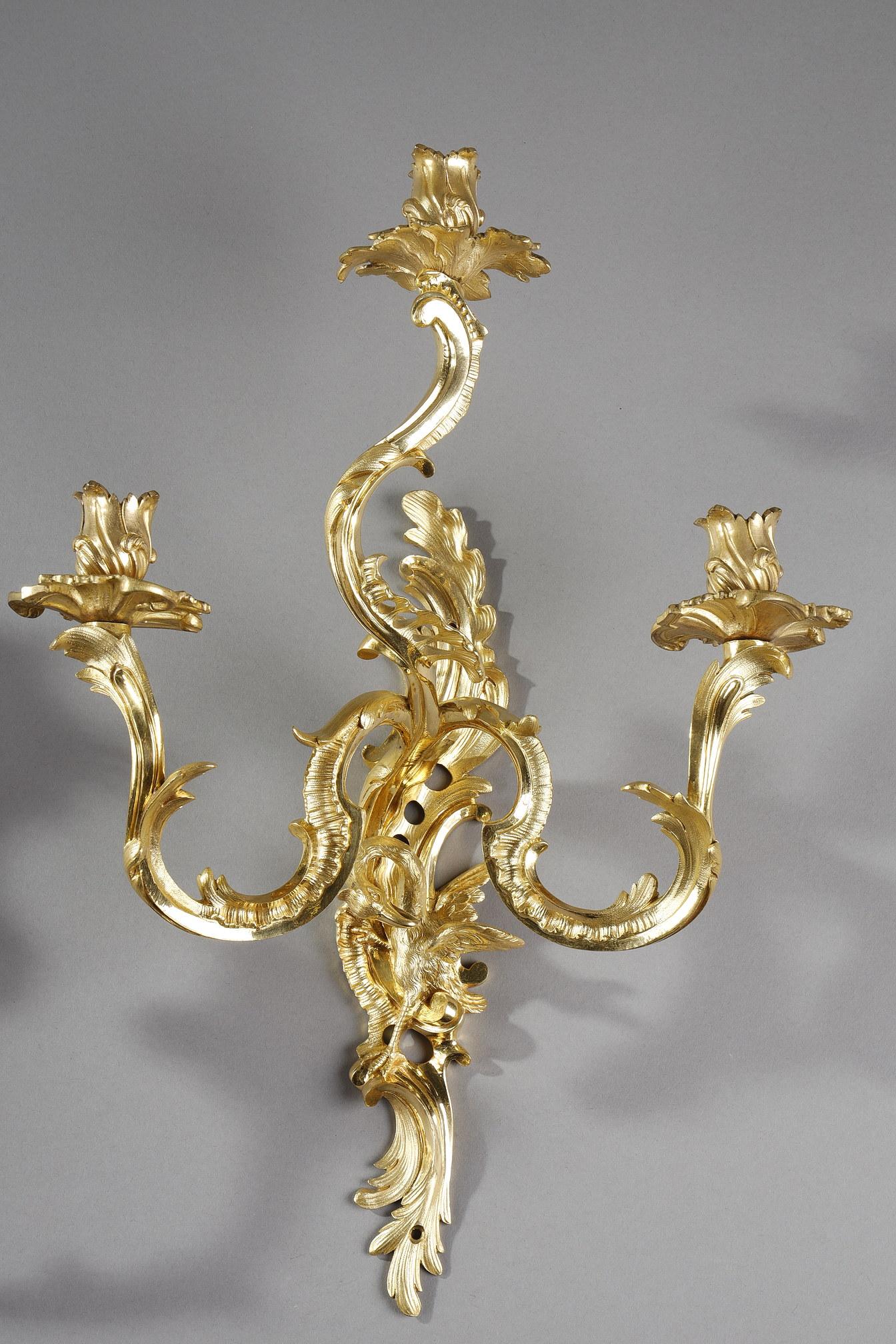 Bronze Pair of Louis XV style ormolu sconces  For Sale