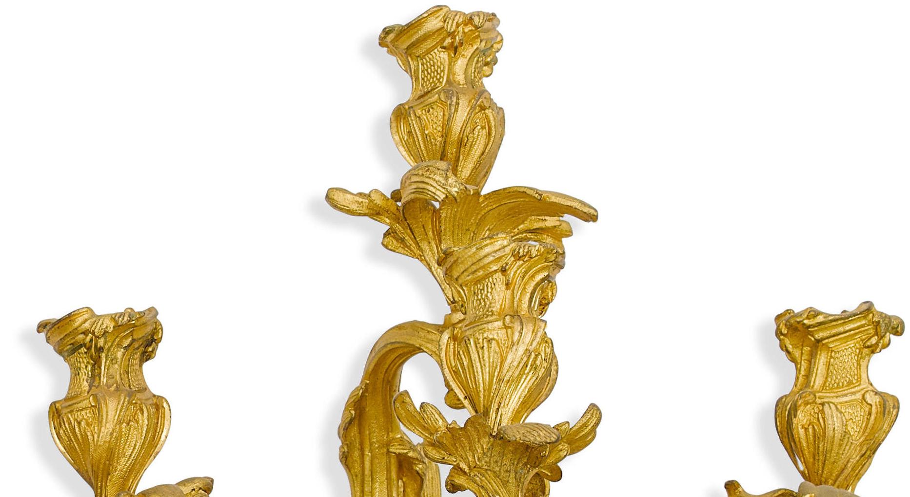 Pair of Louis XV Style Ormolu Sconces, 19th Century In Good Condition In Cypress, CA