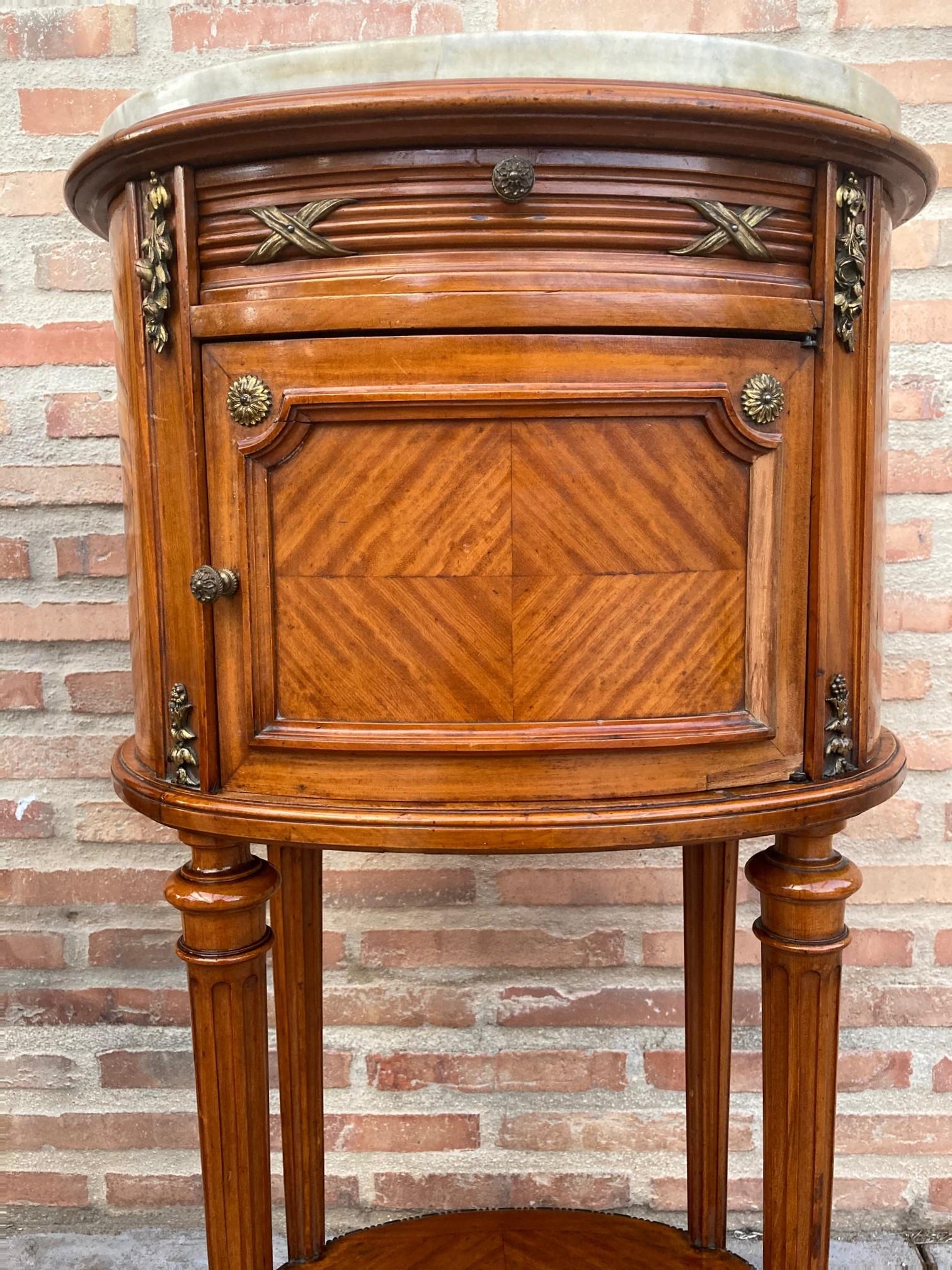 Pair of Louis XV Style Oval Marble-Top Bronze Mounts Nightstands End Table 1