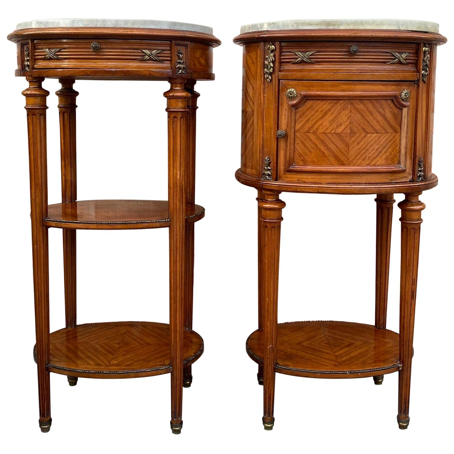 Pair of Louis XV Style Oval Marble-Top Bronze Mounts Nightstands End Table