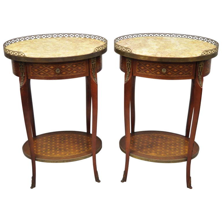 Pair Of Louis Xv Style Oval Marble Top Marquetry Inlay Nightstands