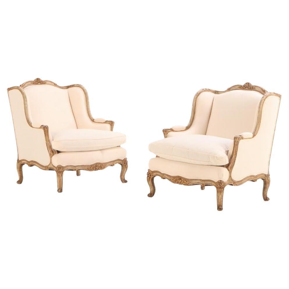 Pair of Louis XV style oversized  Bergere chairs, C 1920.