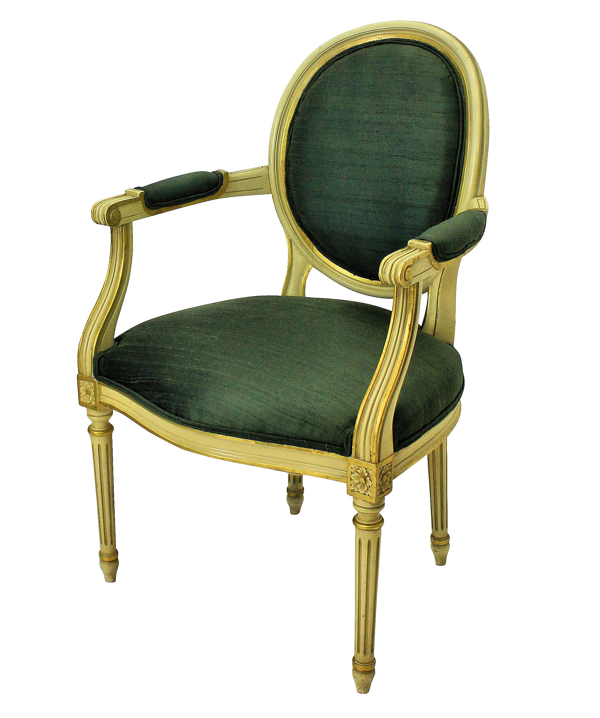 Mid-Century Modern Pair of Louis XV Style Painted and Gilded Armchairs in Sage Green Silk For Sale