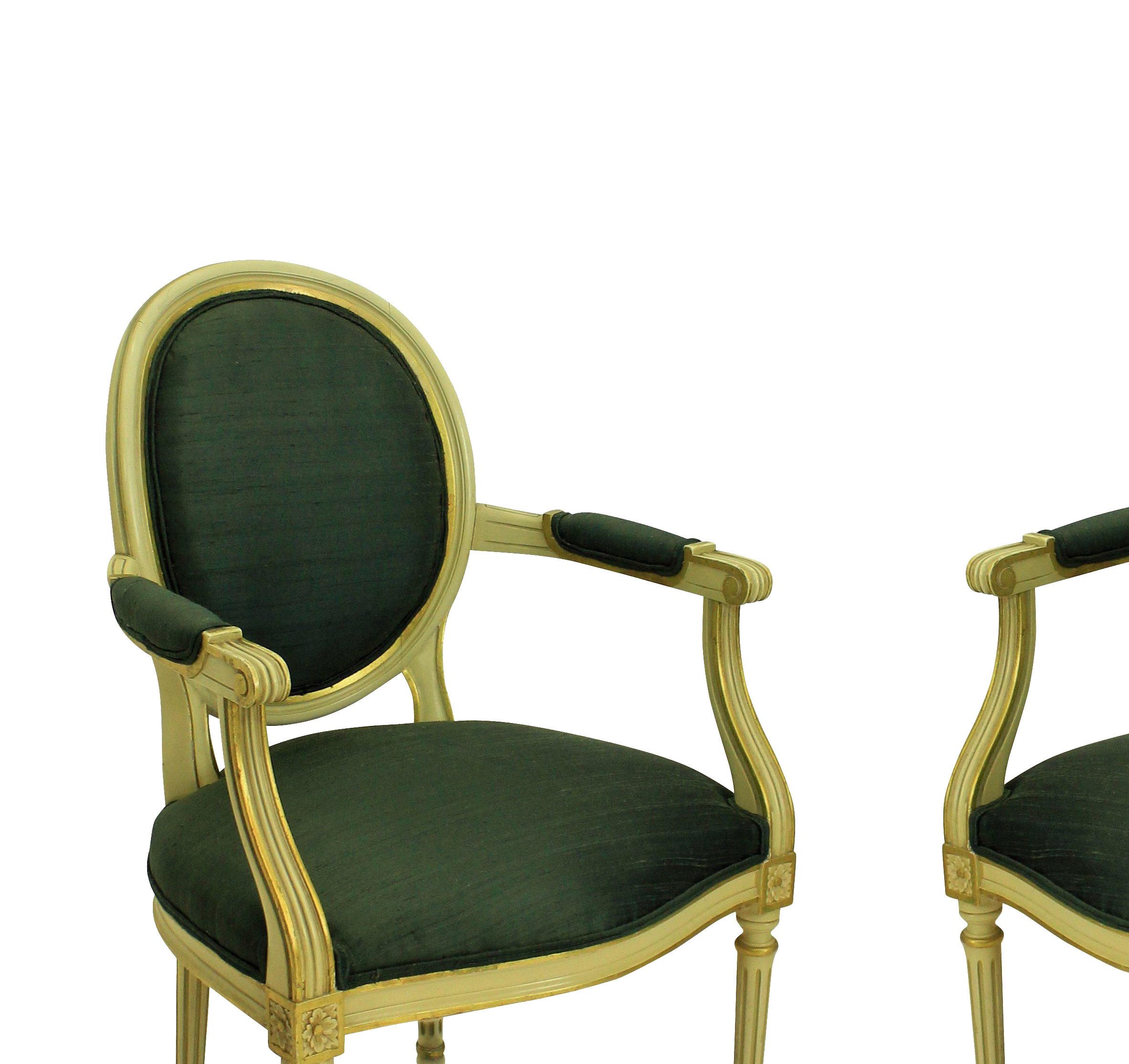 French Pair of Louis XV Style Painted and Gilded Armchairs in Sage Green Silk For Sale