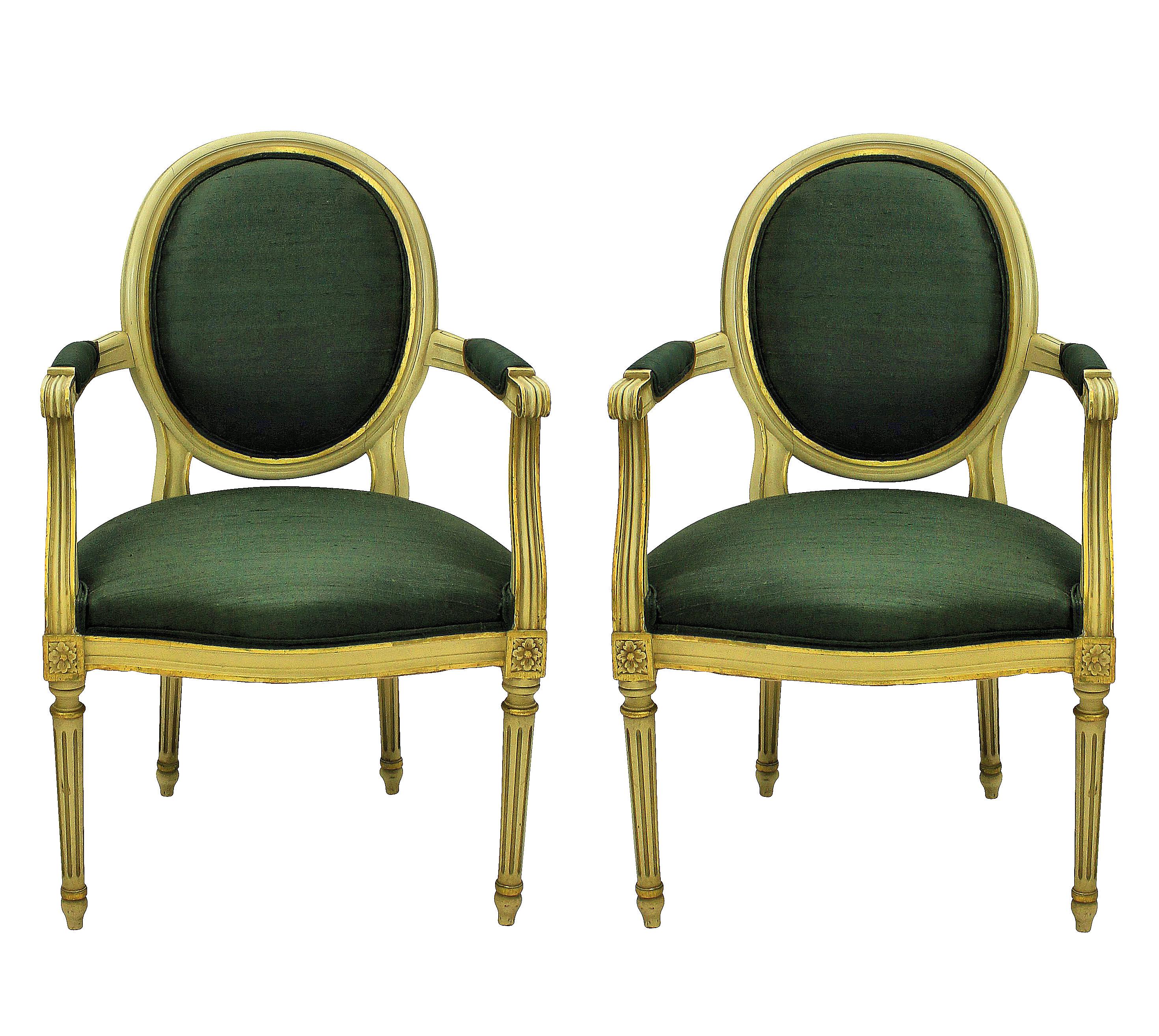 Pair of Louis XV Style Painted and Gilded Armchairs in Sage Green Silk In Good Condition In London, GB