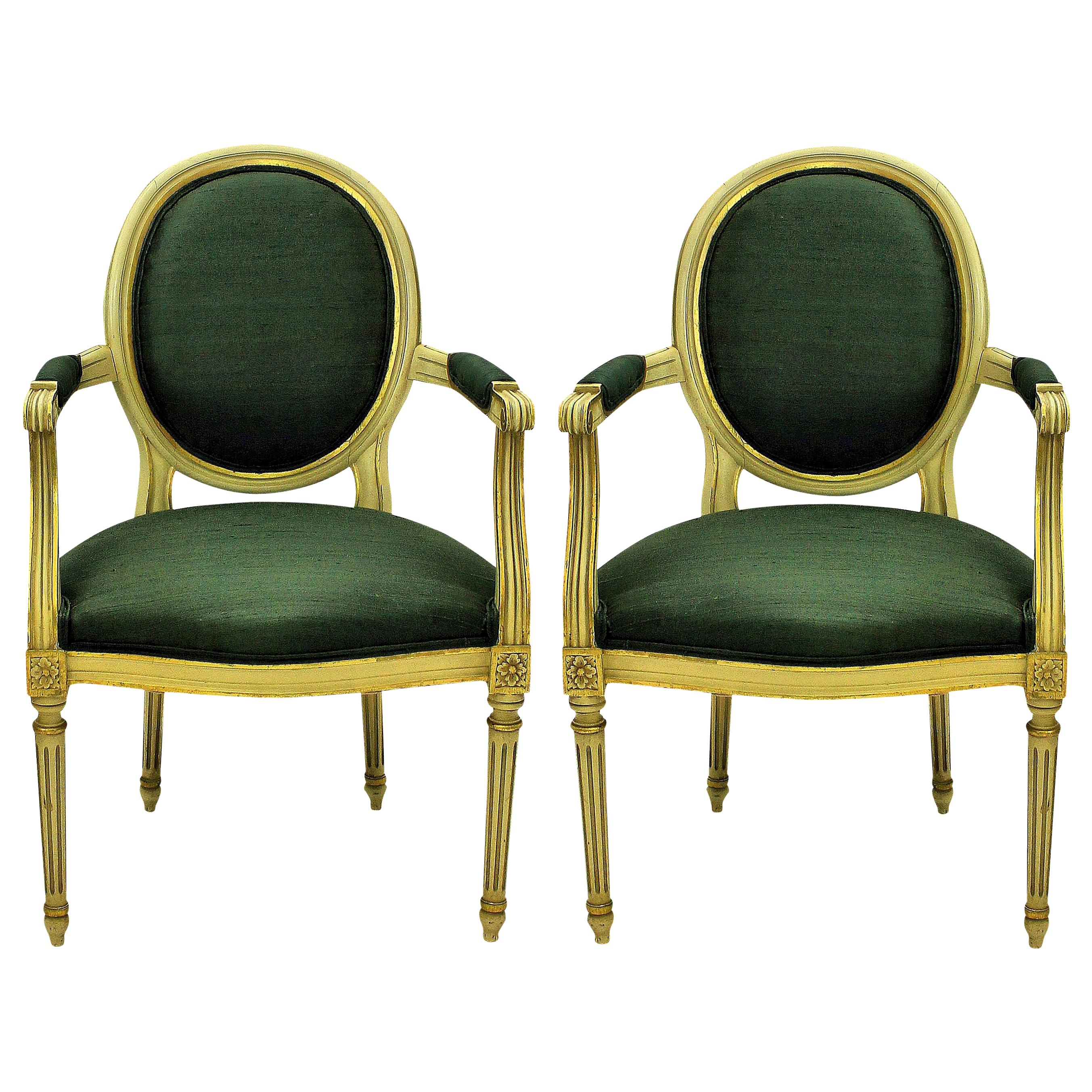 Pair of Louis XV Style Painted and Gilded Armchairs in Sage Green Silk