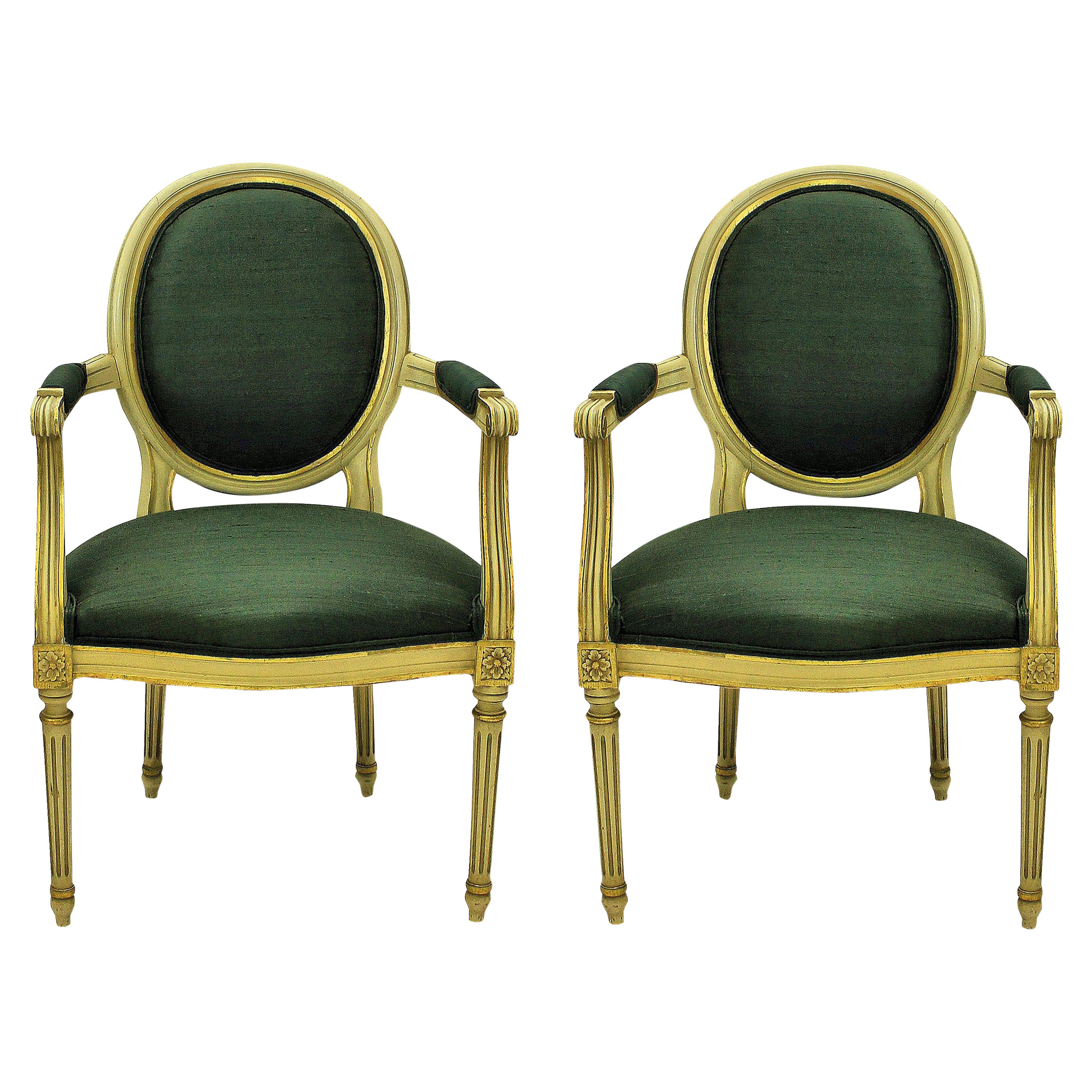 Pair of Louis XV Style Painted and Gilded Armchairs in Sage Green Silk