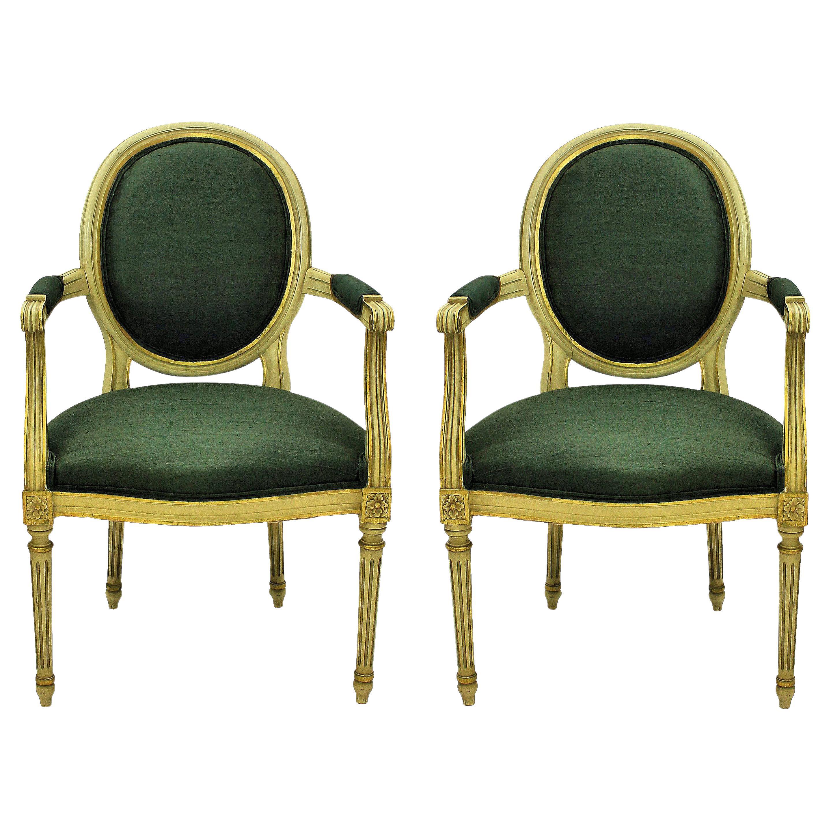 Pair of Louis XV Style Painted and Gilded Armchairs in Sage Green Silk For Sale