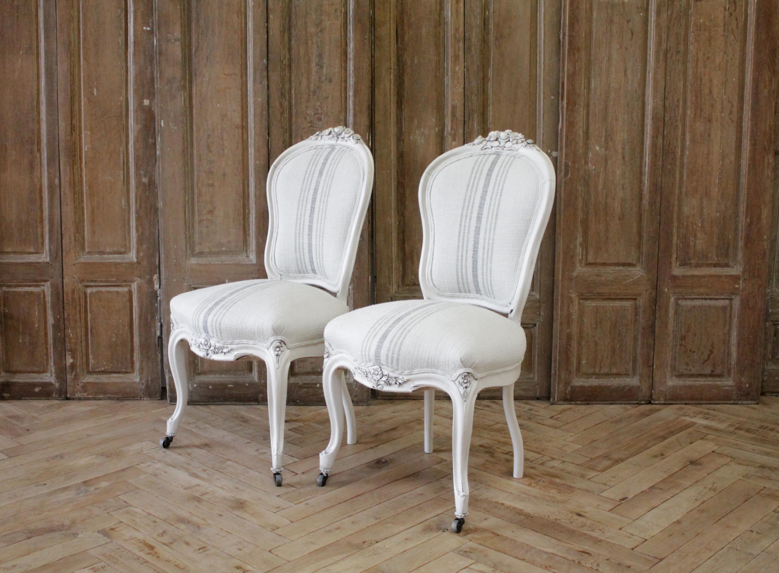 20th Century Pair of Louis XV Style Painted and Upholstered Side Chairs