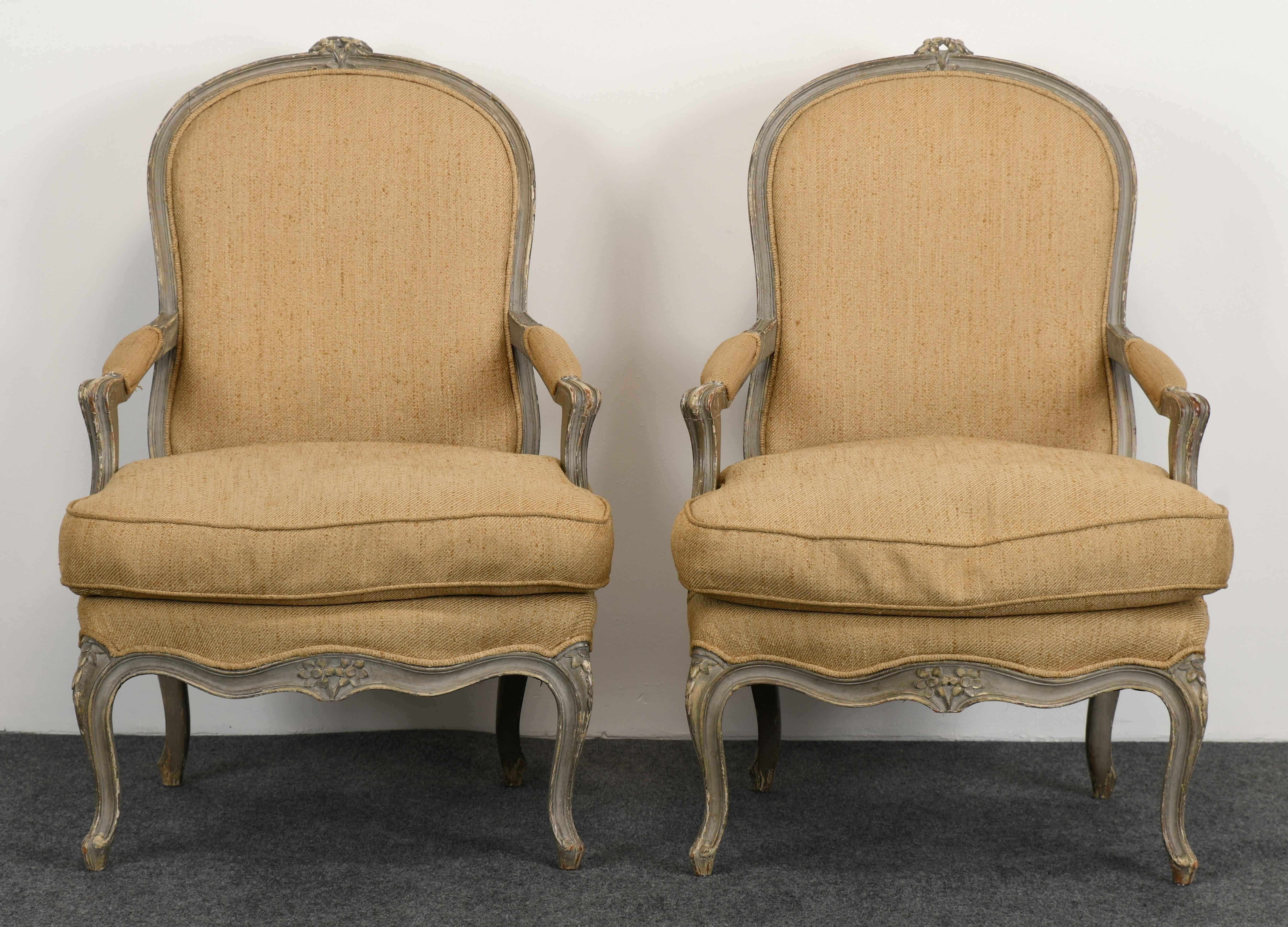 French Pair of Louis XV Style Painted Armchairs, 1920s