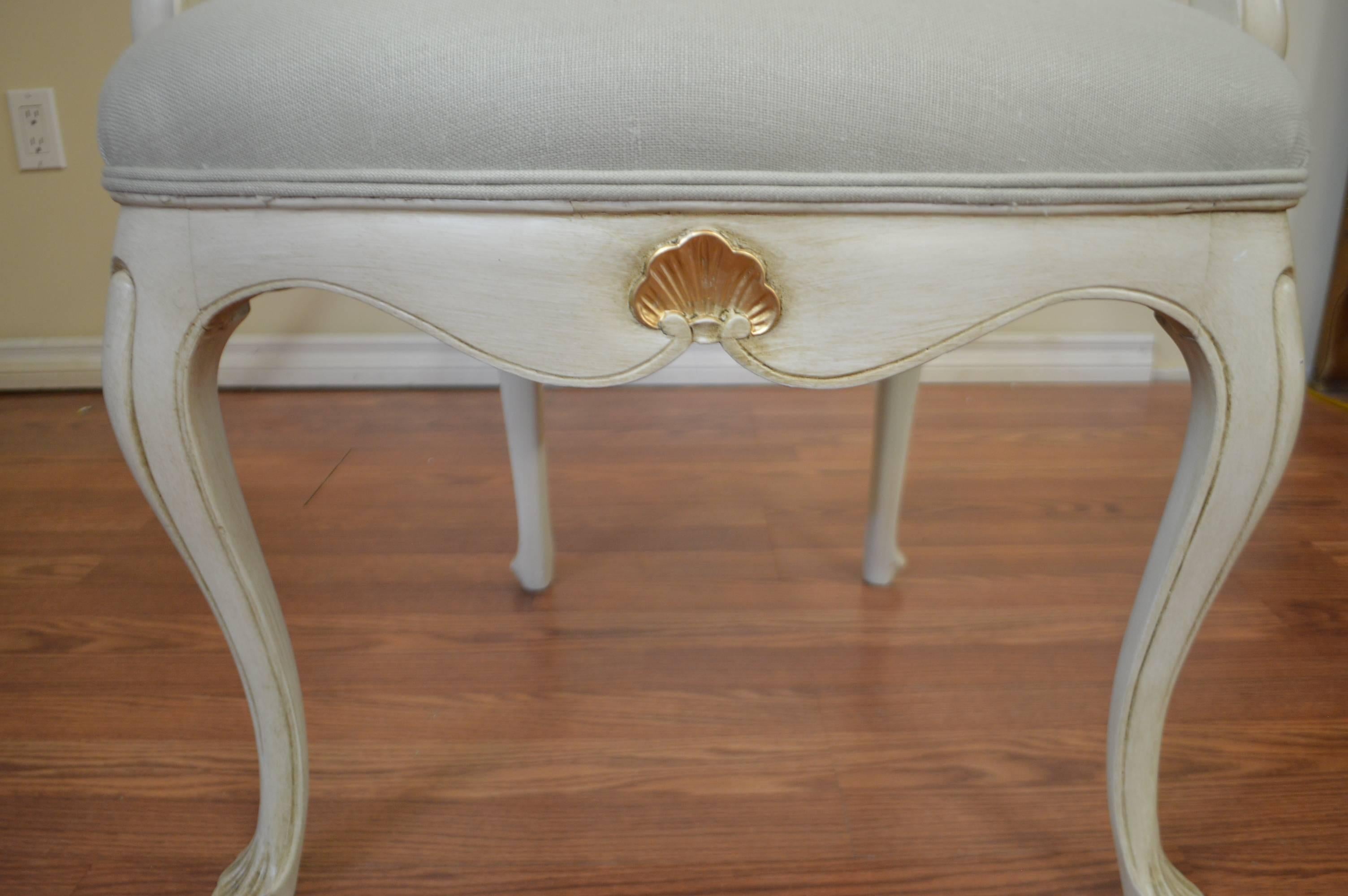 Patinated Pair of Louis XV Style Painted Armchairs Upholstered in a Belgium Linen Fabric