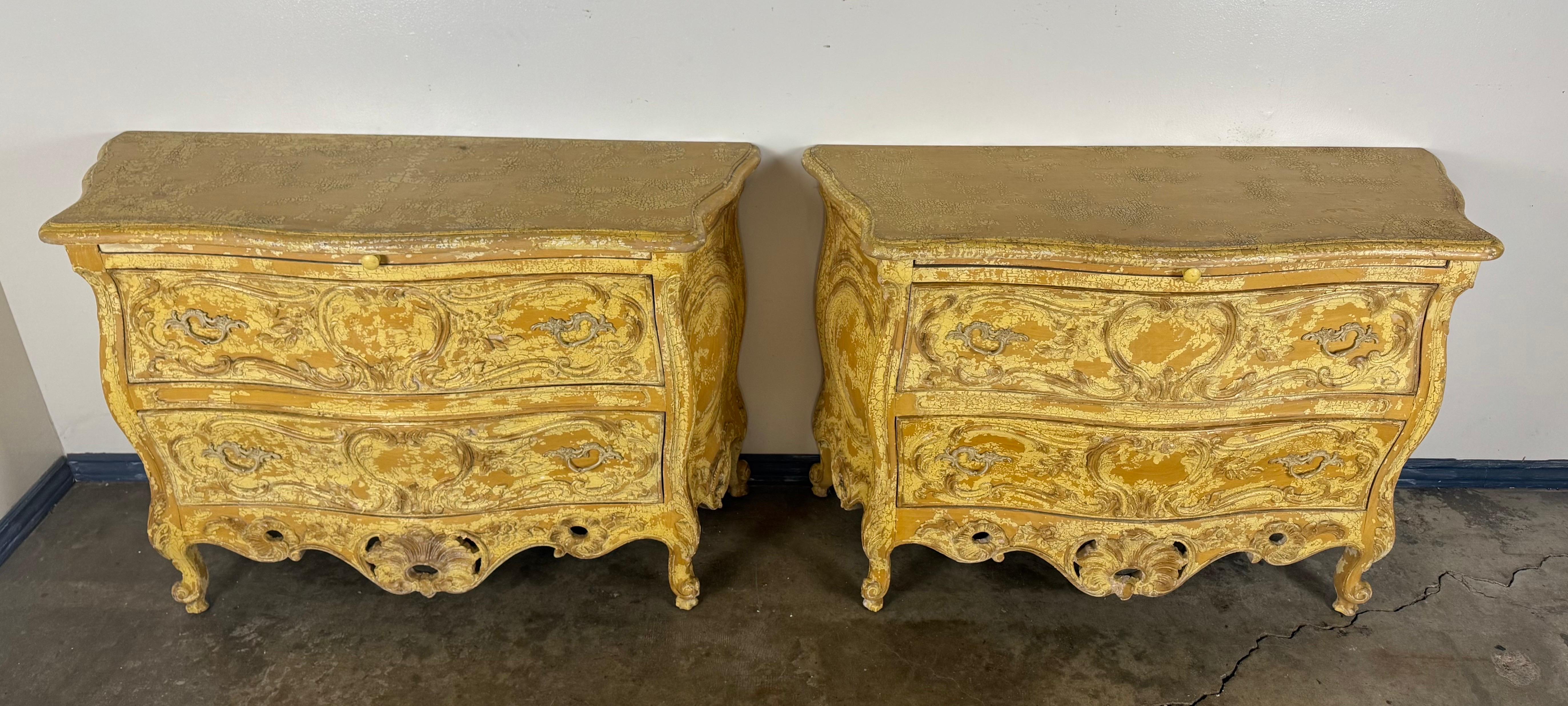 French Pair of Louis XV–Style Painted Bombe Commodes with Carved Rococo Ornament For Sale