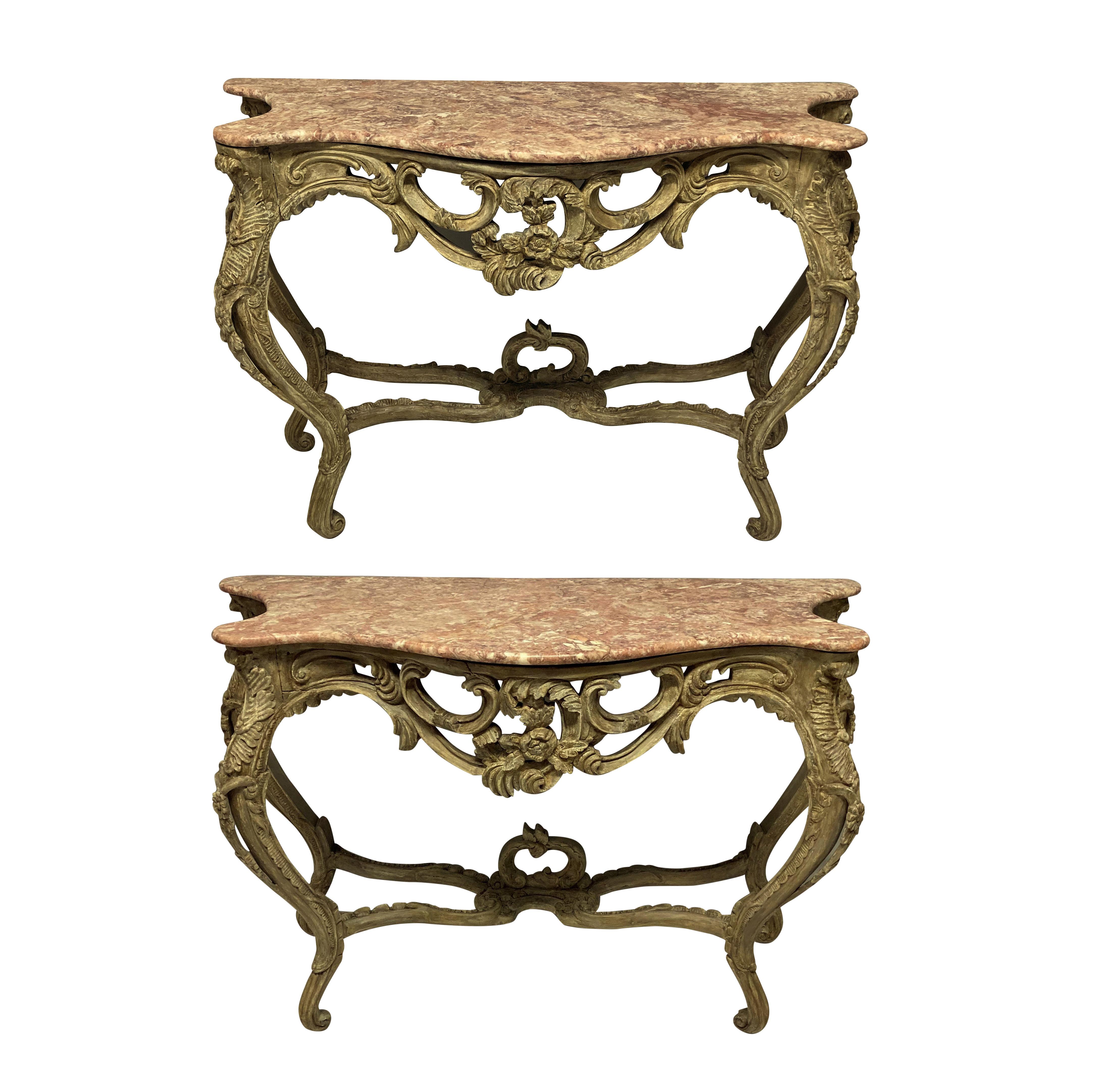 French Pair of Louis XV Style Painted Console Tables
