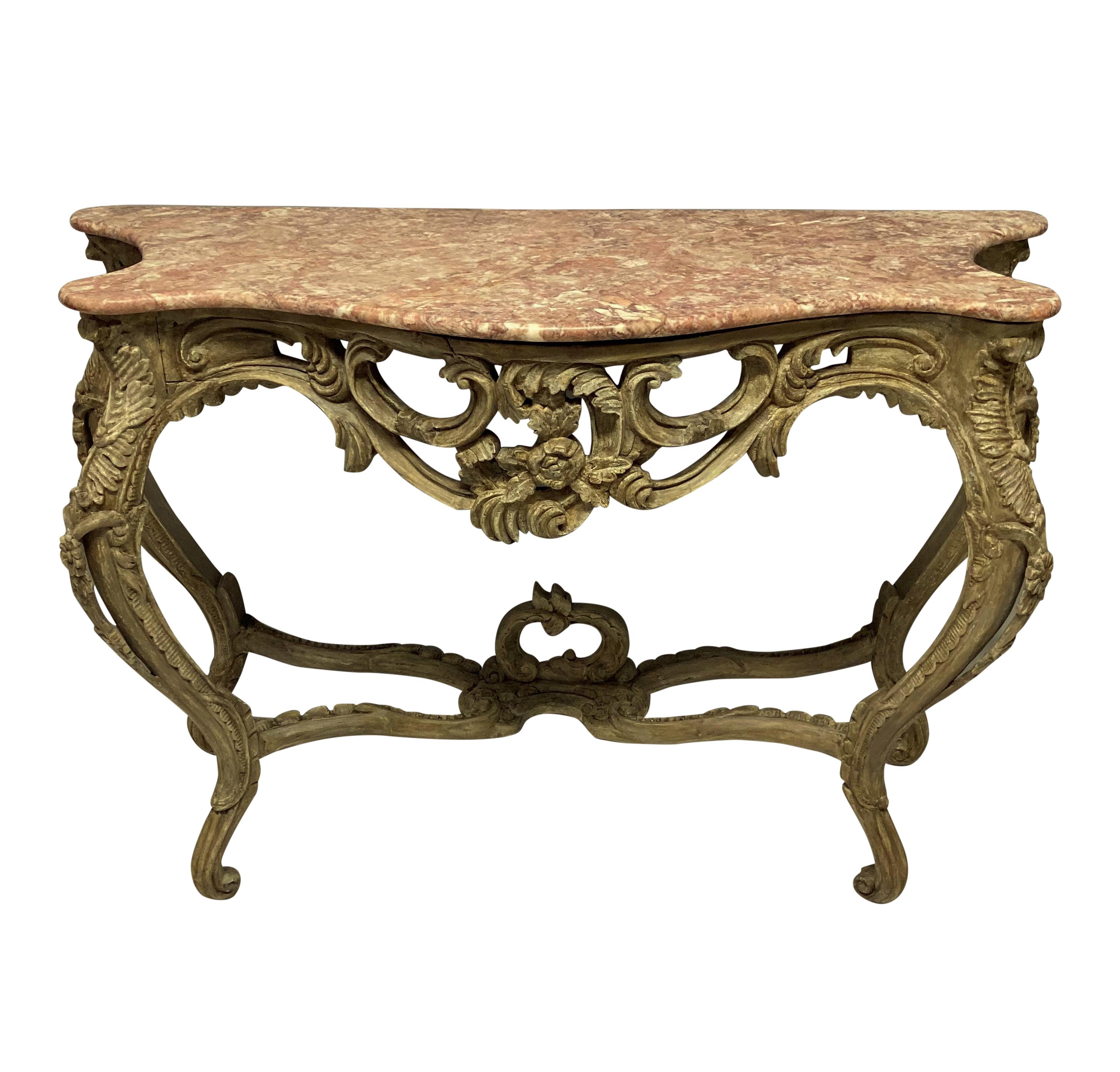 Hand-Painted Pair of Louis XV Style Painted Console Tables