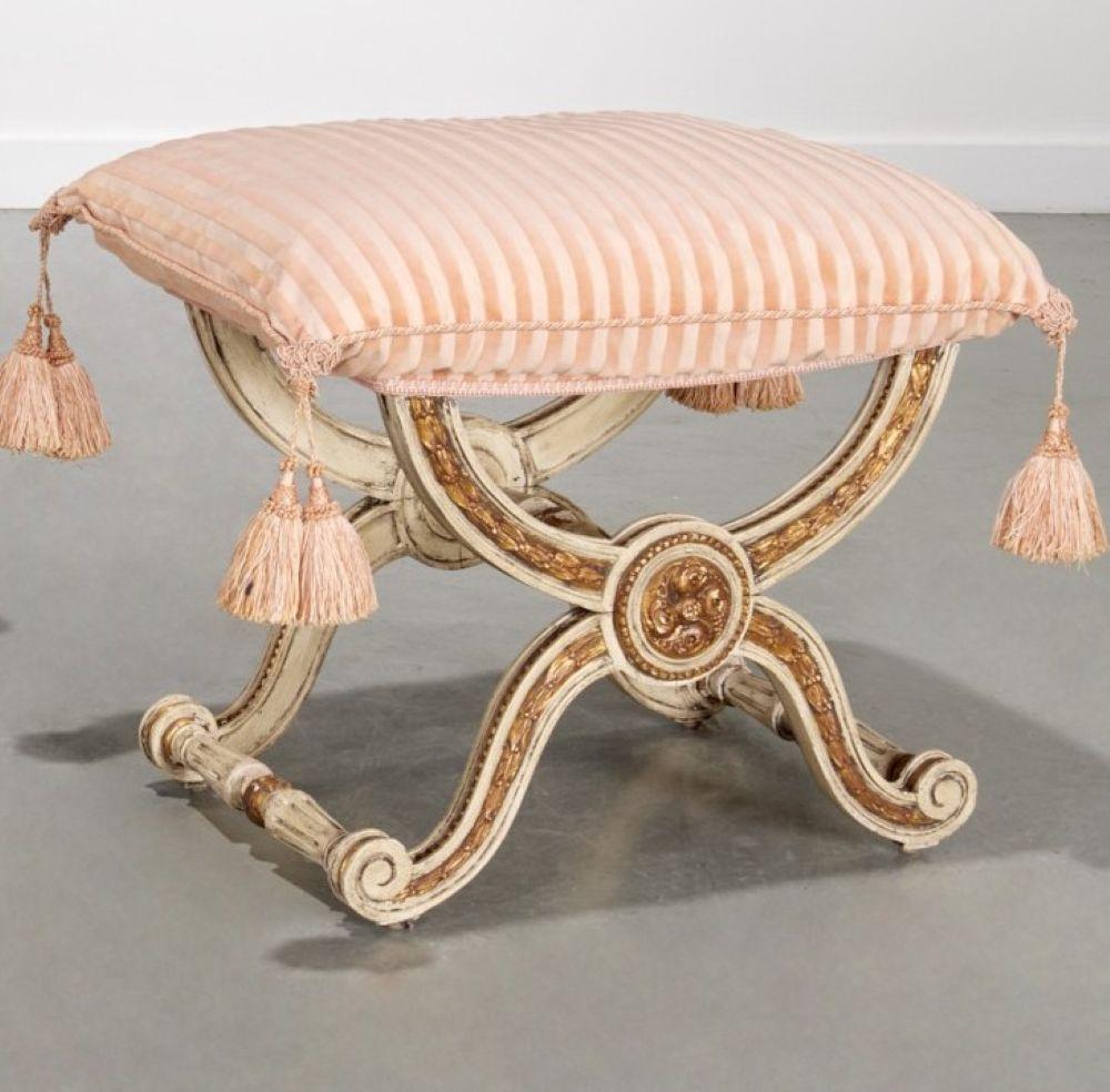 Pair of Louis XV Style Parcel Gilt Ployant Stools with Tasseled Silk Cushions from The Collection of Plácido Domingo.

A charming pair of Louis XV style ployant stools, first half of the 20th century. Each features a crisply carved X-form base in
