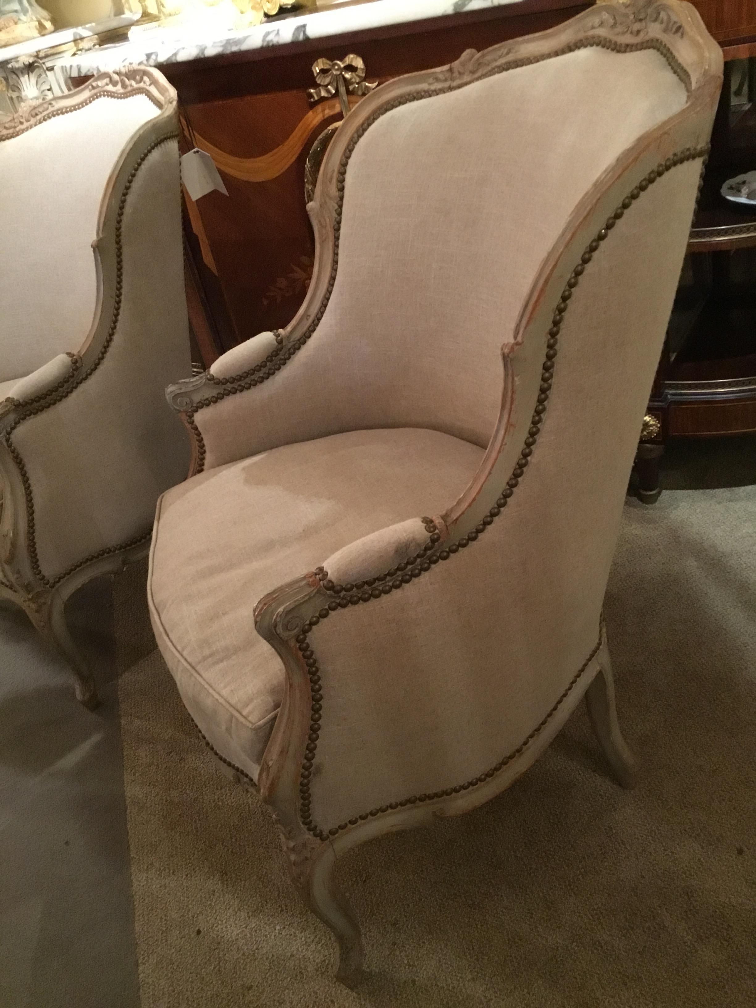 Pair of Louis XV-Style Polychromed Beechwood Bergeres, Early 20th Century In Good Condition In Houston, TX