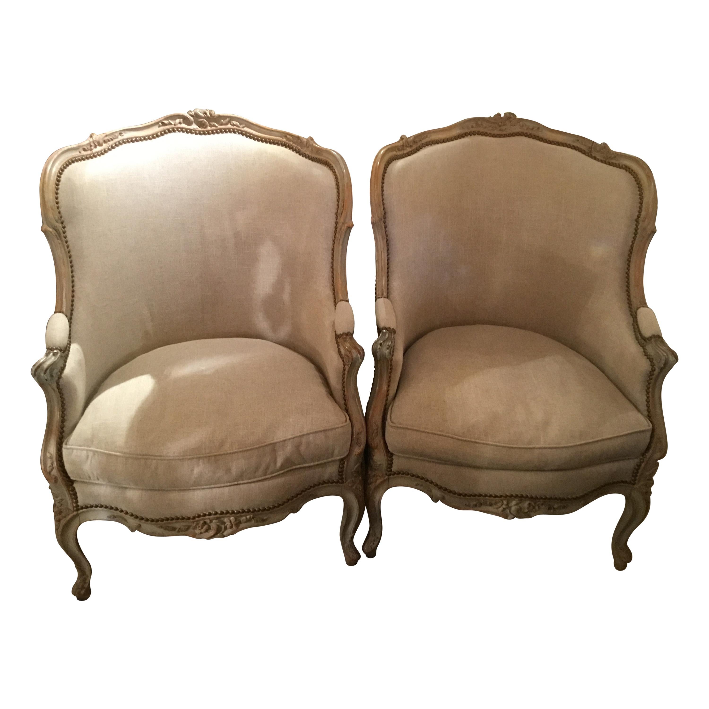 Pair of Louis XV-Style Polychromed Beechwood Bergeres, Early 20th Century