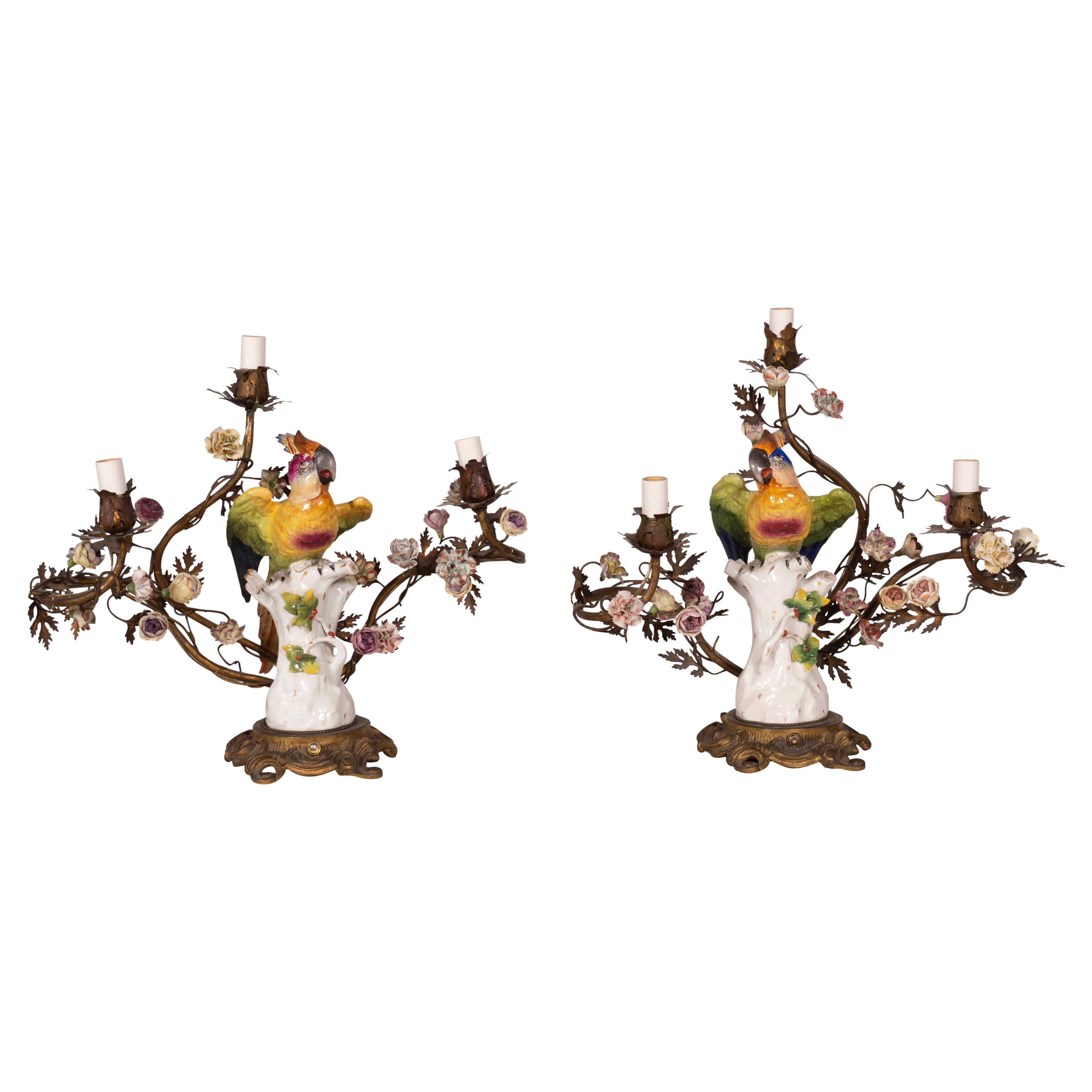Pair of Louis XV Style Porcelain and Bronze Candelabra