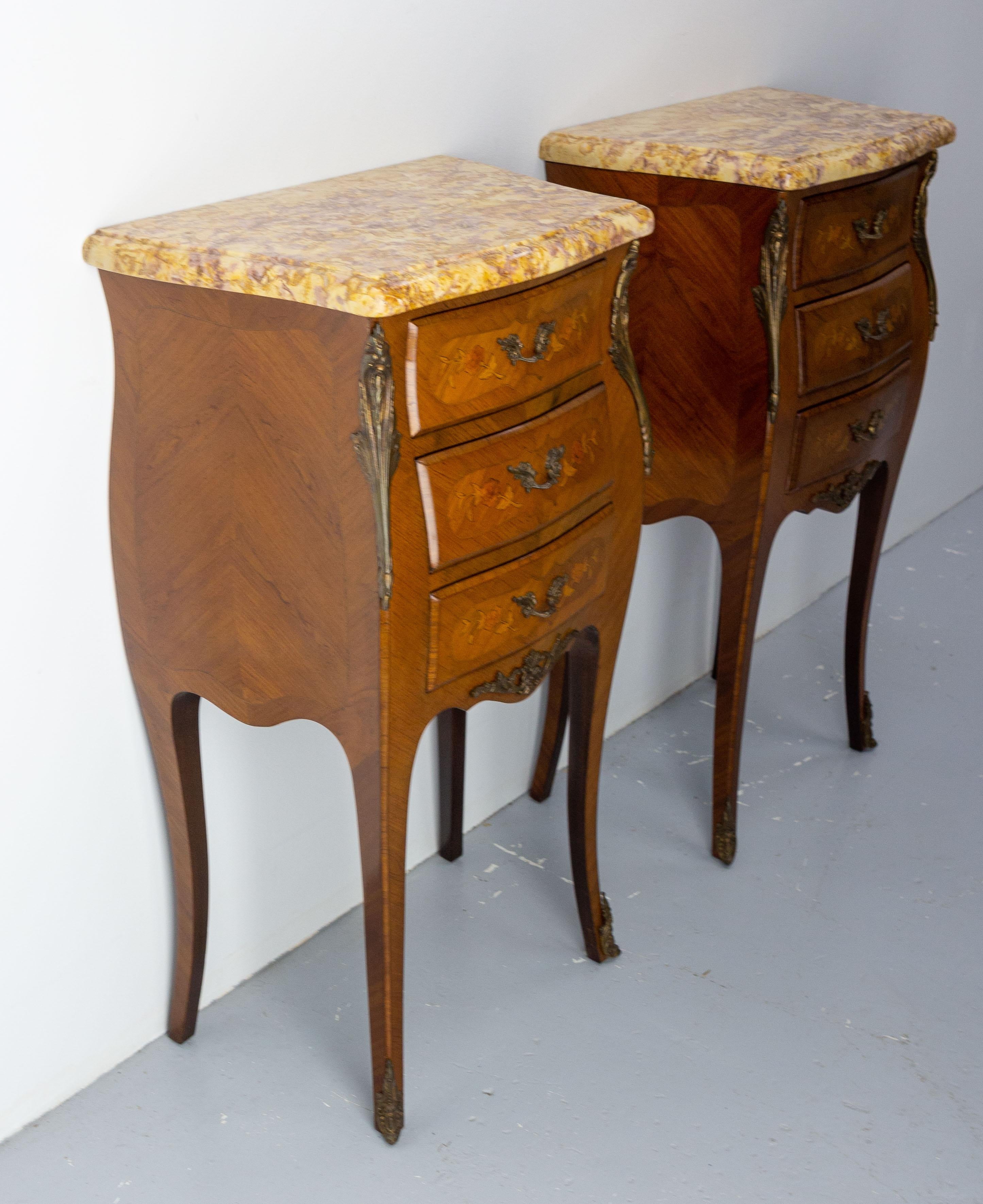 Marquetry Pair of Louis XV Style Side Cabinets Nightstands French Bedside Tables Mable Top For Sale