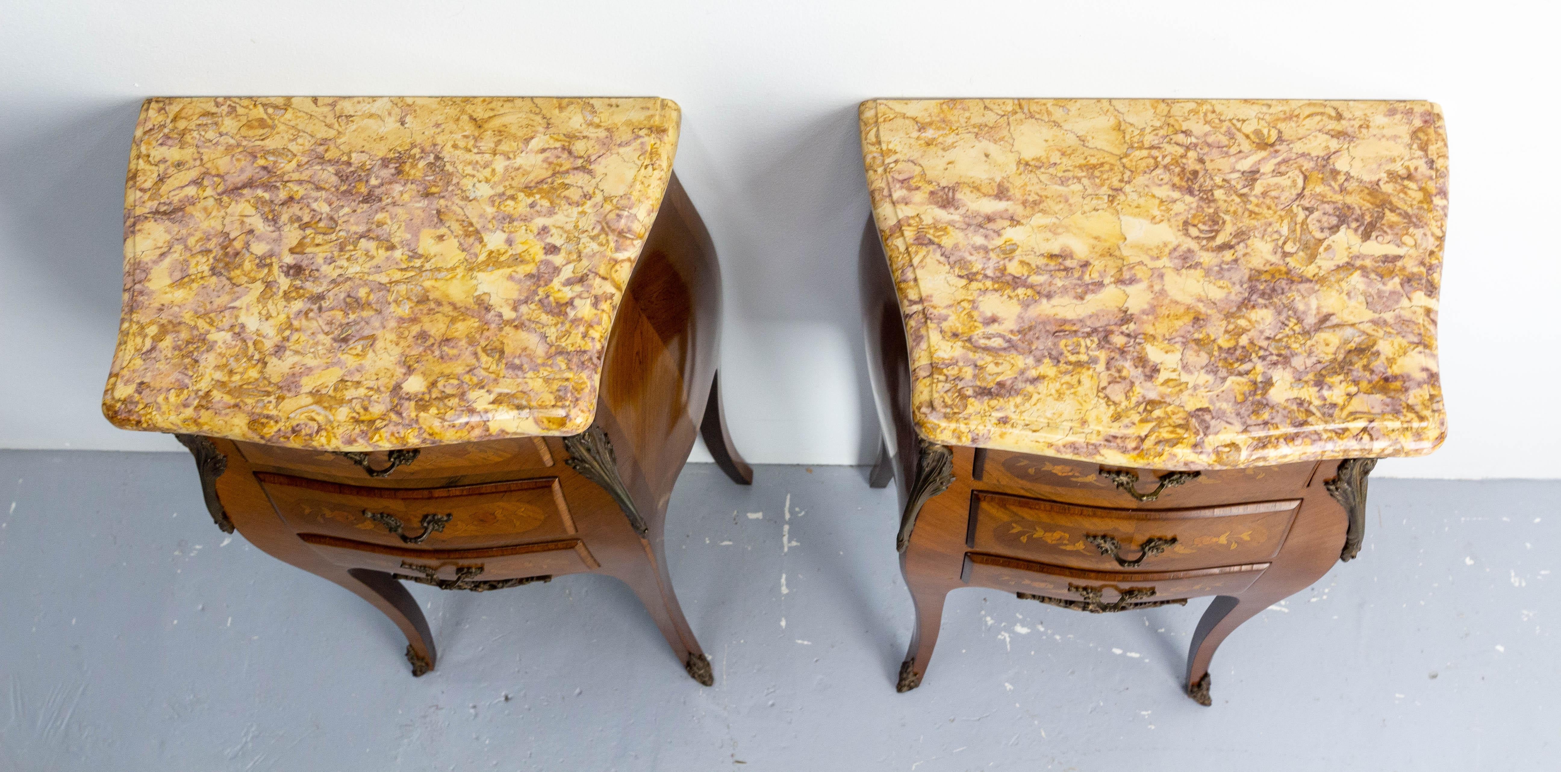 20th Century Pair of Louis XV Style Side Cabinets Nightstands French Bedside Tables Mable Top For Sale