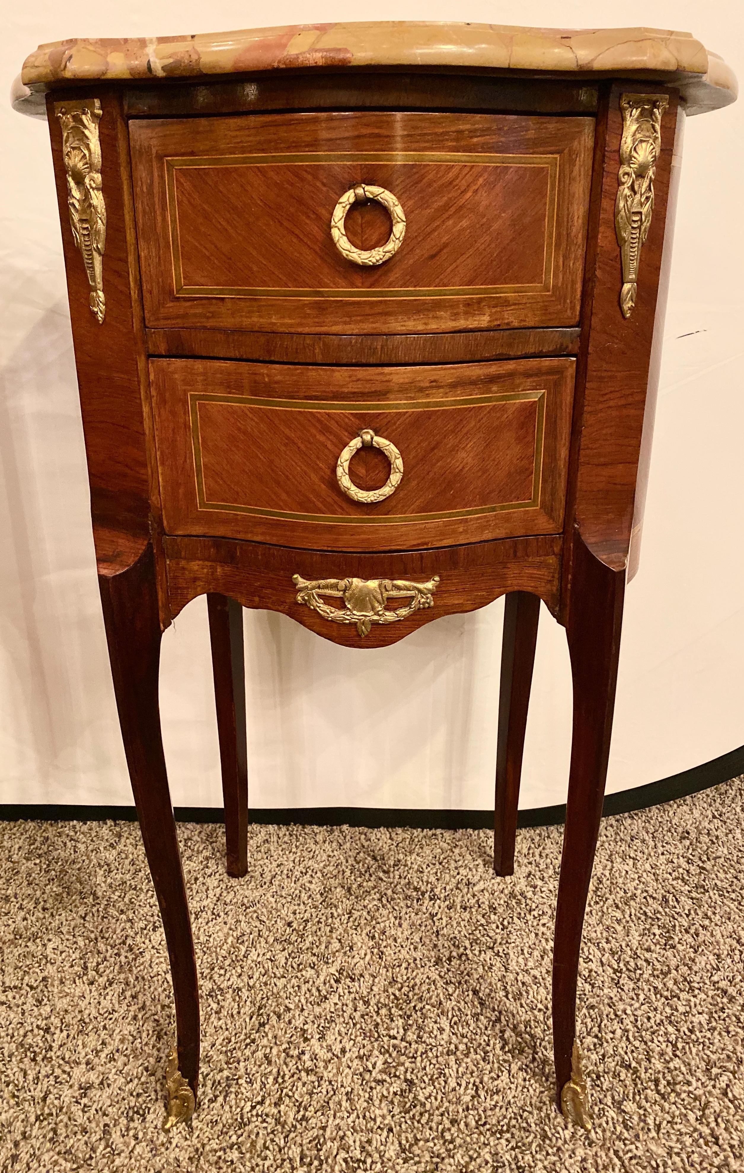 French Pair of Louis XV Style Side / End Tables with Breche D'alep Original Marble Top