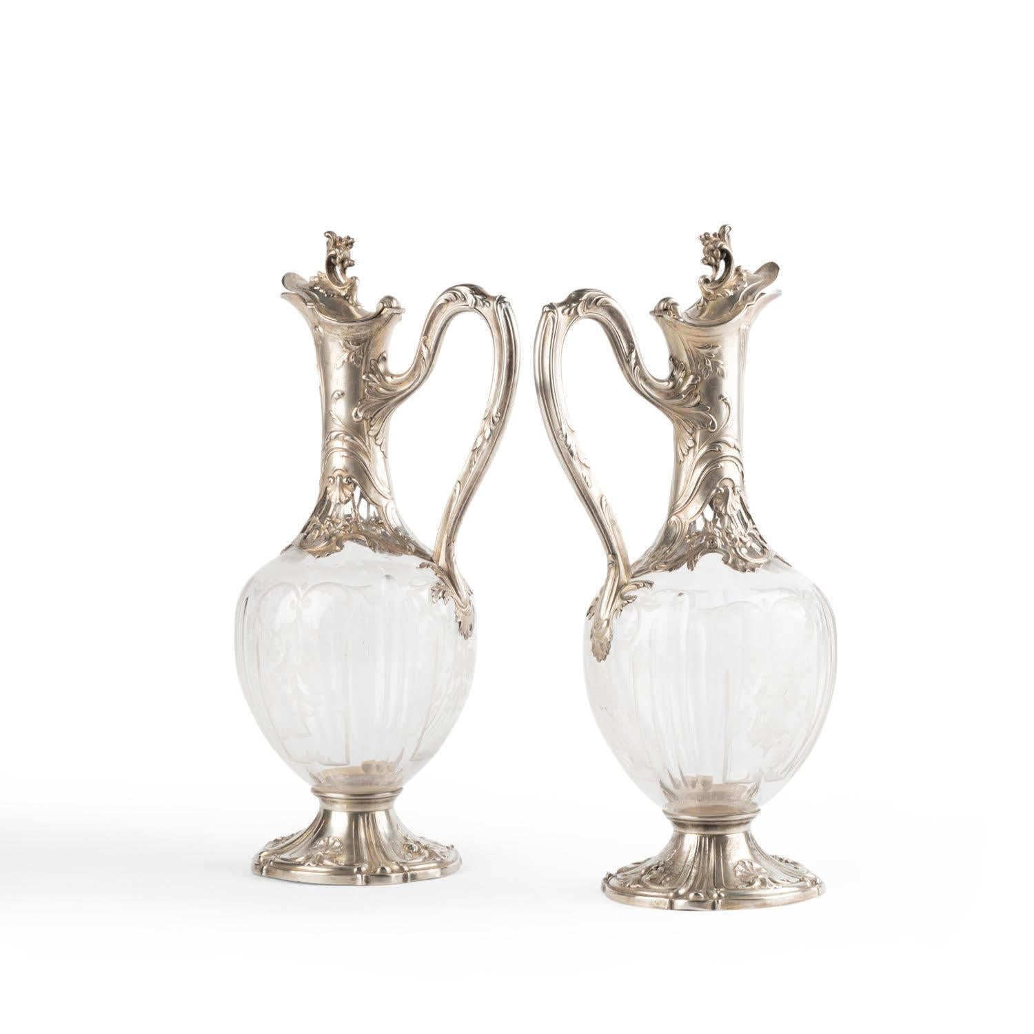French Pair of Louis XV Style Silver and Crystal Ewers. For Sale