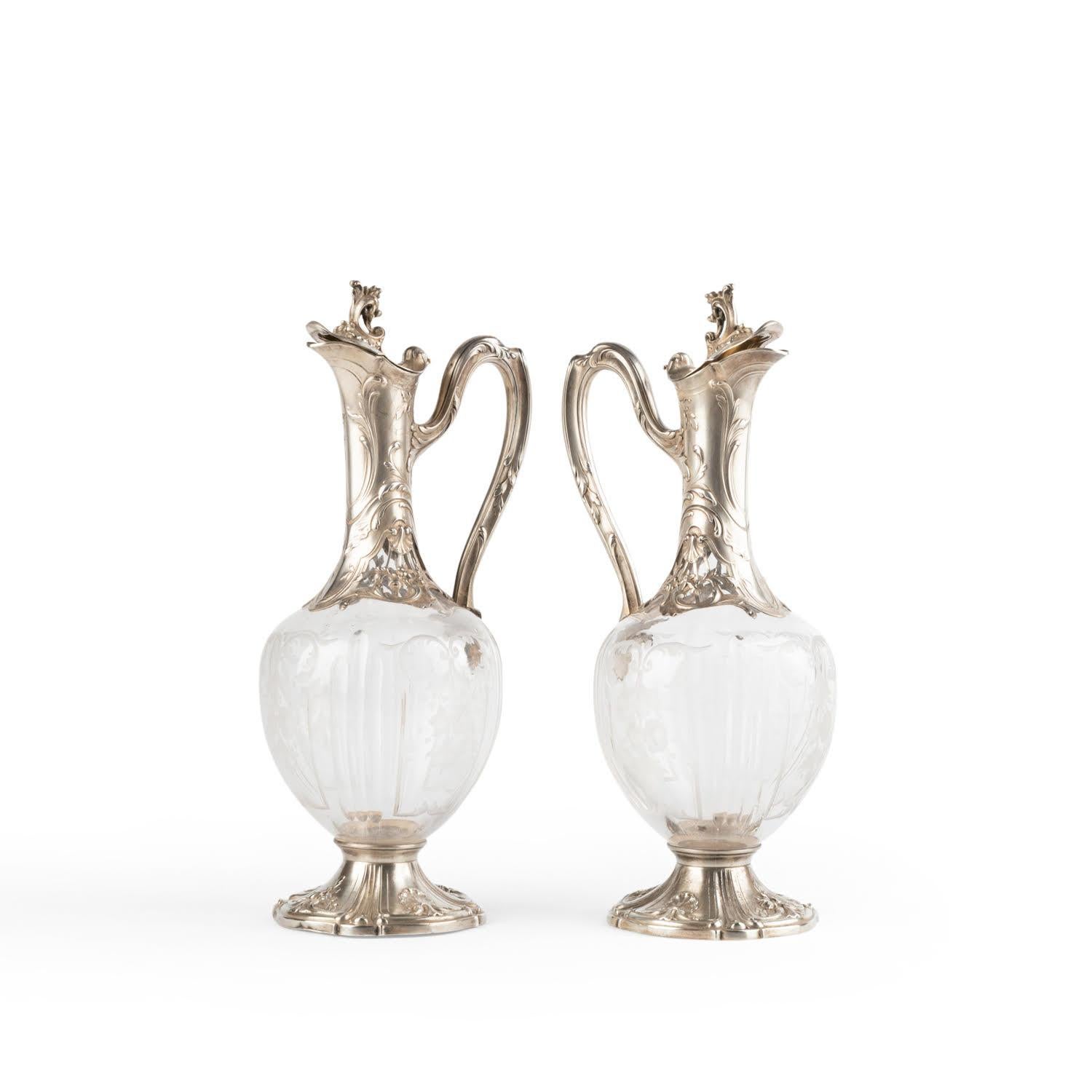Pair of Louis XV Style Silver and Crystal Ewers. In Good Condition For Sale In Saint-Ouen, FR