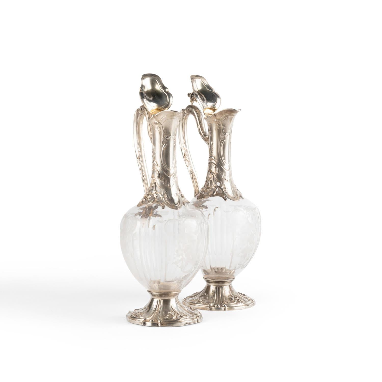 19th Century Pair of Louis XV Style Silver and Crystal Ewers. For Sale