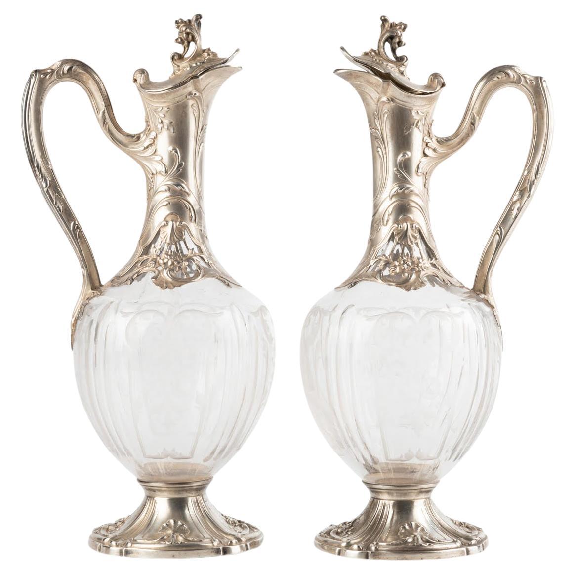 Pair of Louis XV Style Silver and Crystal Ewers. For Sale