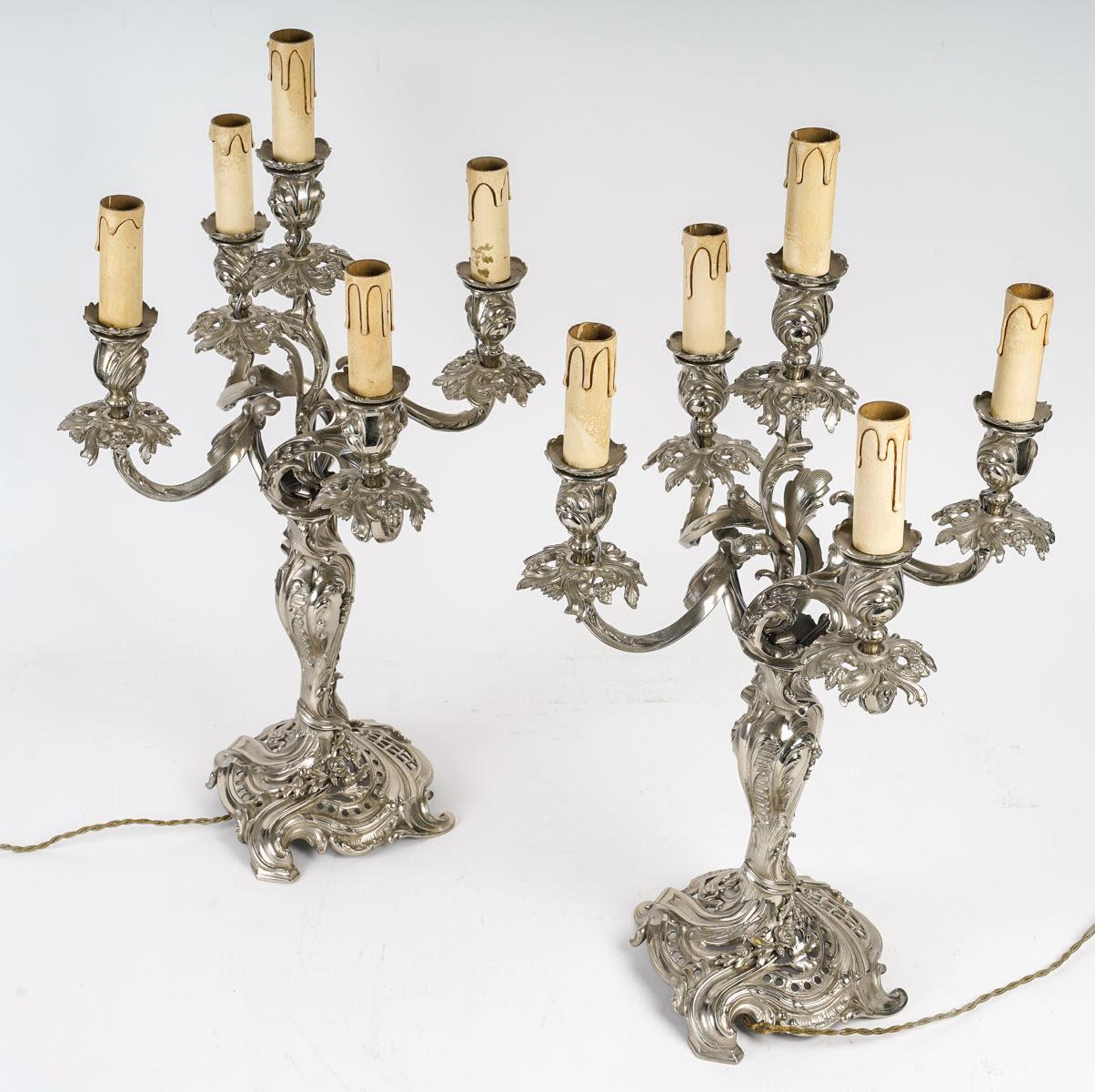 French Pair of Louis XV Style Silver Plated Bronze Candelabra, 19th Century. For Sale